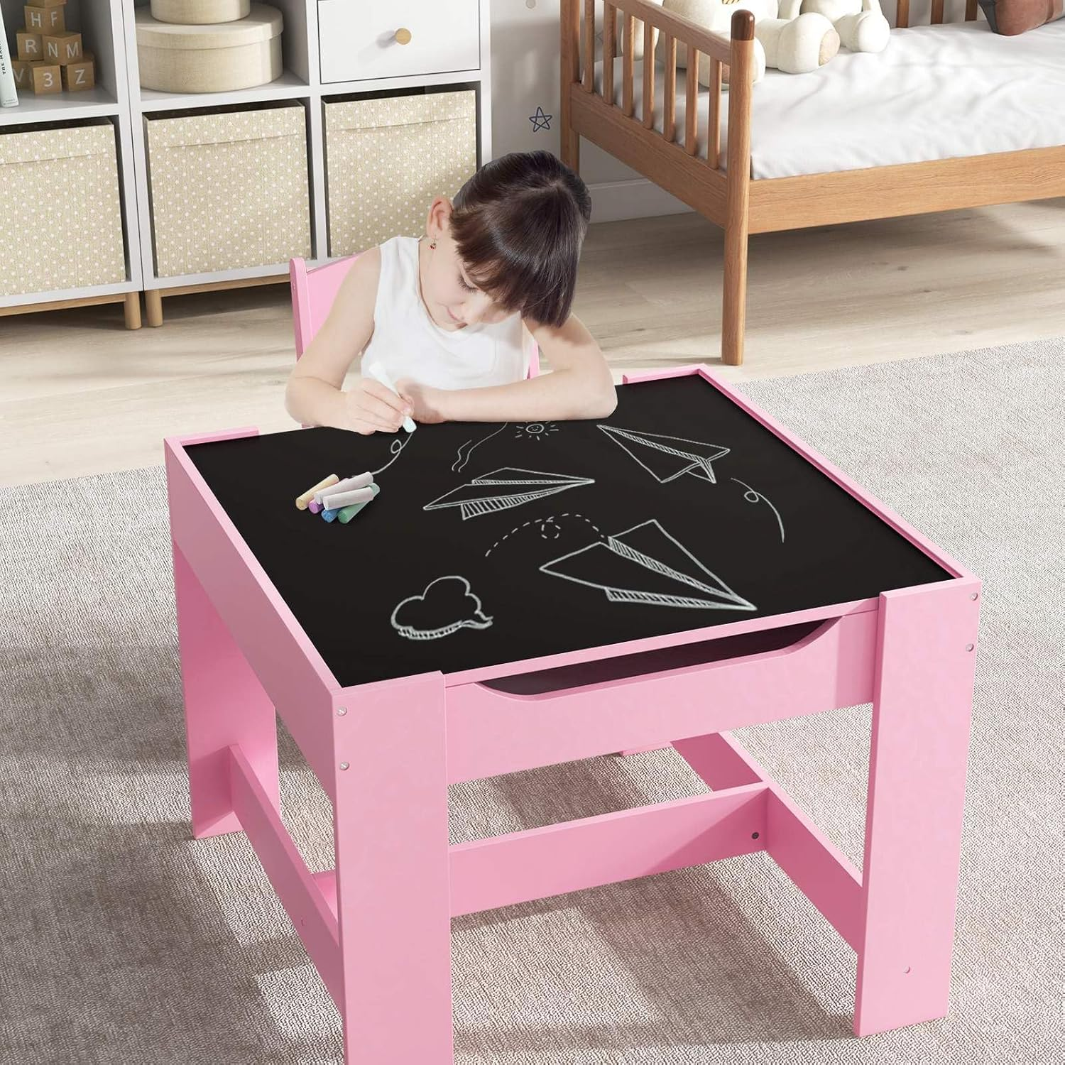 Costway Kids Table and Chairs Set, 3-Piece Kids Furniture Set, Kids Play Table and Chair Set, Toddler Table and 2 Chairs Set, Double Sided Kids Table, Children Activity Art Desk Set (Pink) image number 4
