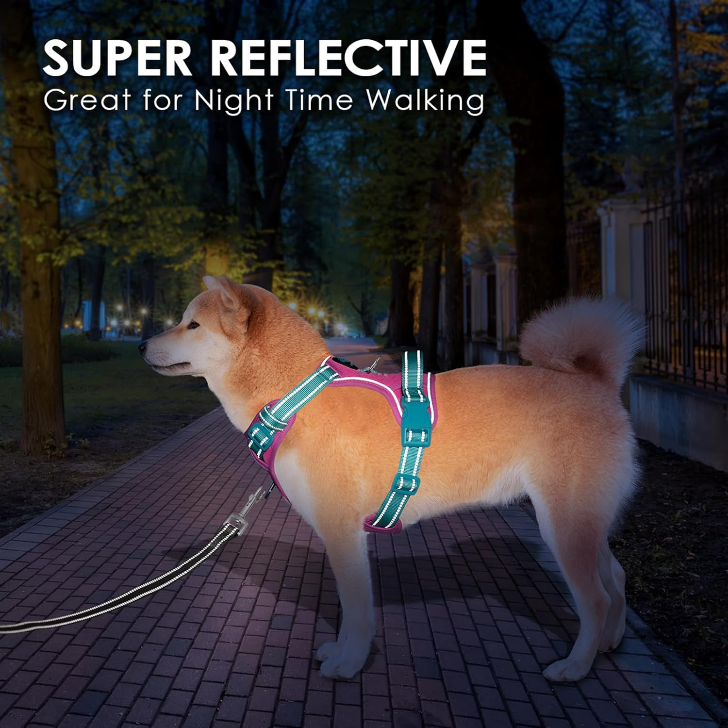 PHOEPET No Pull Dog Harness, Unique Colors Reflective Adjustable Dog Vest, with Soft Training Handle Metal Clips for Small Medium Large Dogs (Pink Base & Green Straps,M) image number 2