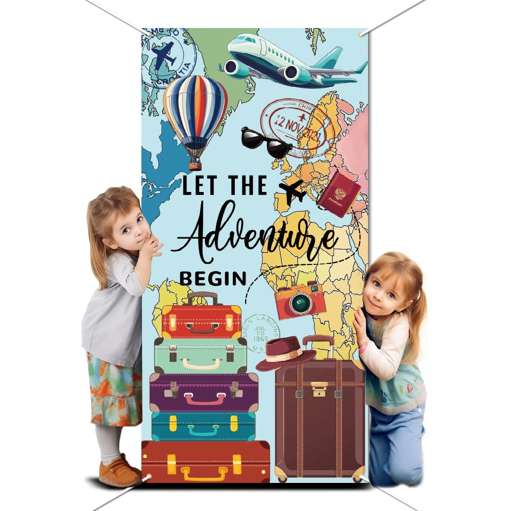 WADORN Let the Adventure Begin Backdrop, Adventure Awaits Birthday Party Banner Decorations Large Fabric Global Travel Photo Booth Banner Map Photography Background for Graduation 35.43X70.87 Inch image number 4