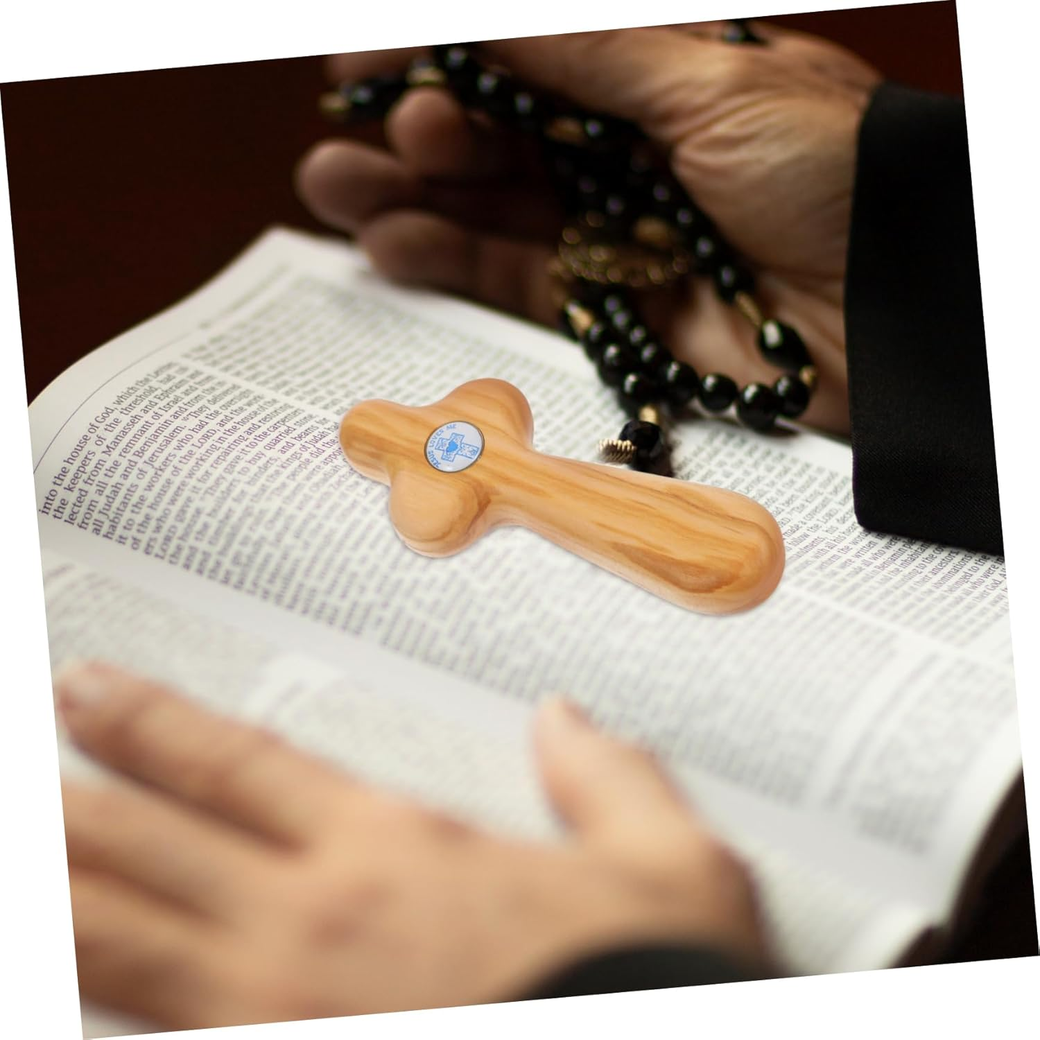 KALLORY Small Handheld Olive Wood Cross for Baptism and Confirmation Unique Artisan Crafted Christian Pocket Prayer Cross for First Holy Communion and Religious Ceremonies image number 3