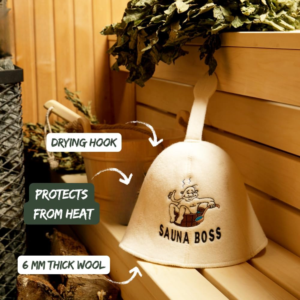Natural Textile Sauna Boss Bucket Sauna Hat White - 100% Organic Wool Felt Hats - Protect Your Head from Heat - English Sauna E-Book Included - with Embroidery image number 4