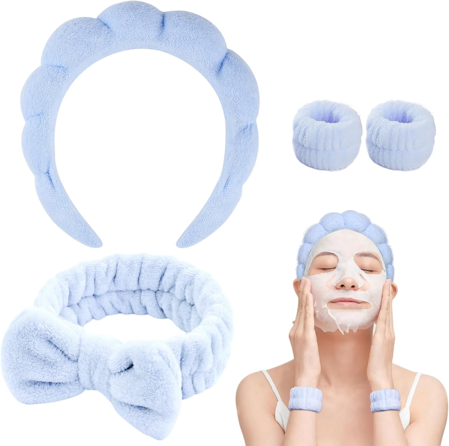 Bighan Spa Makeup Headband Set, Headband Skincare Headband for Woman, Face Wash Wristband and Bowknot Hair Band, Facial Wrist Towel Washbands for Women Girls, Pink