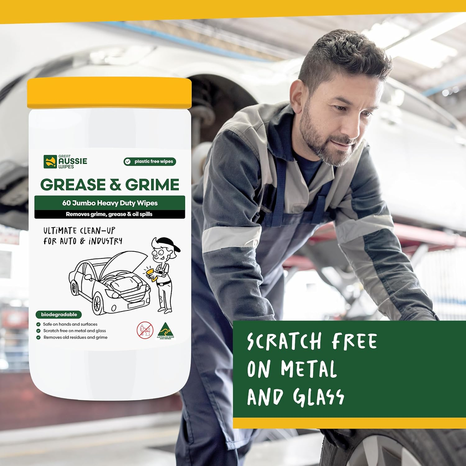 Great Aussie Wipes Grease and Grime Auto 60 Pack - Jumbo Size Textured Sustainable Wet Wipes - Compostable and Plastic-Free Cleaning Wipes image number 2