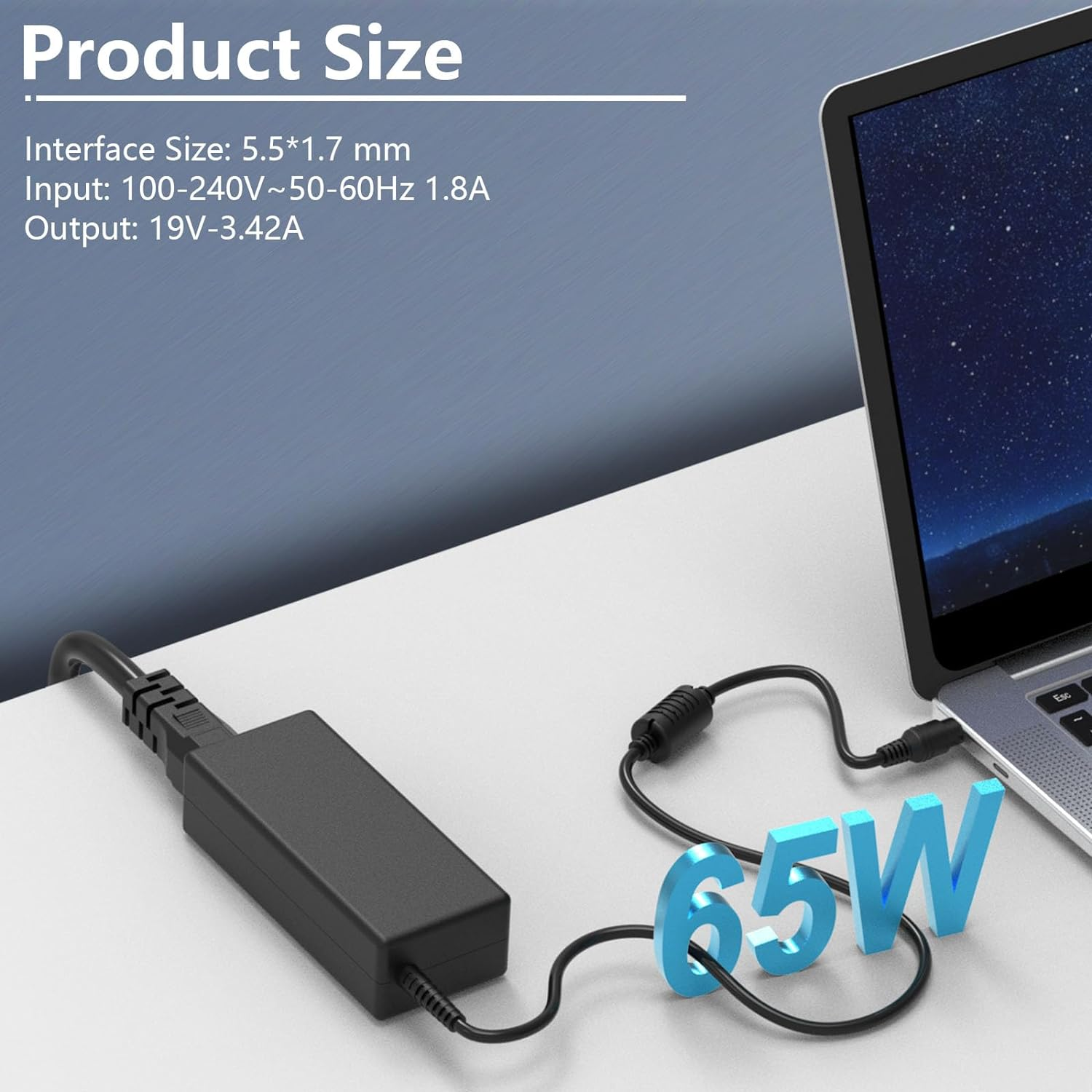 65W 45W Laptop Charger Adapter Compatible with Acer Aspire 3 5 E1 E5 E15 ES1 V3 V5 V7 R3 R7 S3 M3 M5 E5 575 5253 5336 5349 5534 5552 5560 5733 5742 5750 6423 7560 N19C3 N16Q2 N17Q4 Power Cord C0028 image number 1