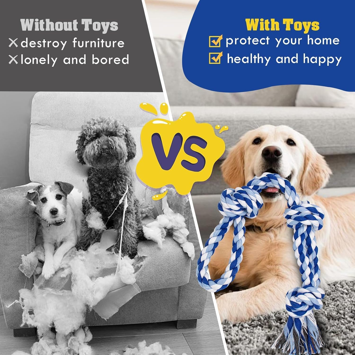 [3 Pack] Dog Rope Toys, Indestructible Dog Toys for Large and Medium Aggressive Chewers, Heavy Duty Dog Rope Toy for Large Breed, Cotton Tug of War Dog Chew Toys for Boredom, Teeth Cleaning image number 3