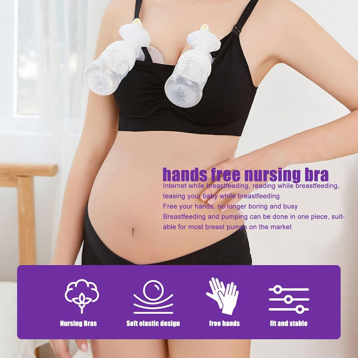 Hands Pumping Bra, Black Hands Pumping Bra Nursing Bra Breastfeeding Bra Comfortable Pump Bra Simple Skin Friendly 3 Breasted for Puerpera for Outdoor (L) image number 5