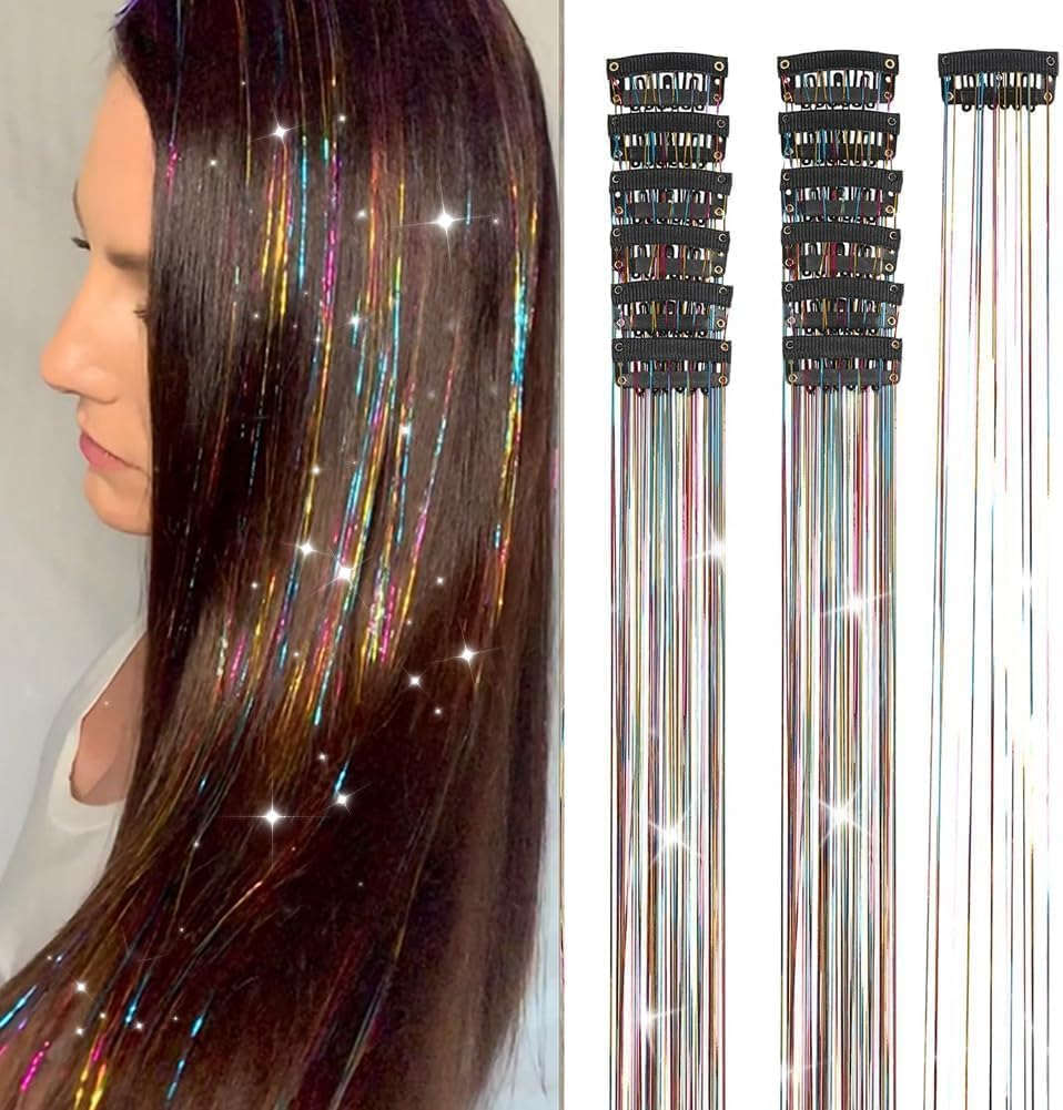 Hair Tinsel Clip in Gold Fairy Hair Tinsel Kit, 12 Pcs 20 Inch Glitter Clip in Hair Extensions for Girls Women Kids Christmas New Year Festival Party (Colorful)
