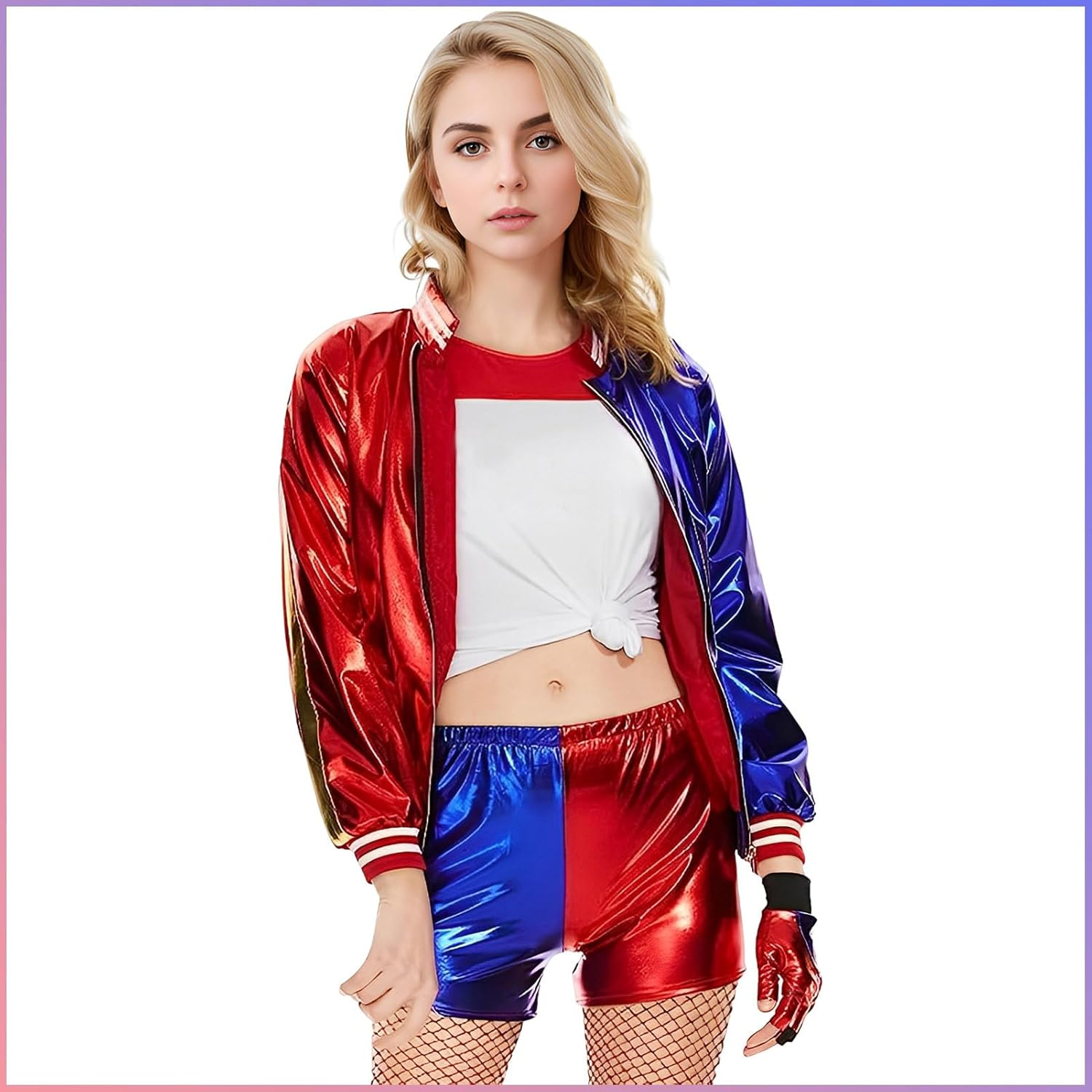 Halloween Cosplay Costumes for Women,Womens Super Villain Fancy Dress for Halloween Jacket Shorts T-Shirt Glove Collar 2 Wigs PVC Inflatable Stickers 2 Stickers for Various Costume Parties image number 2