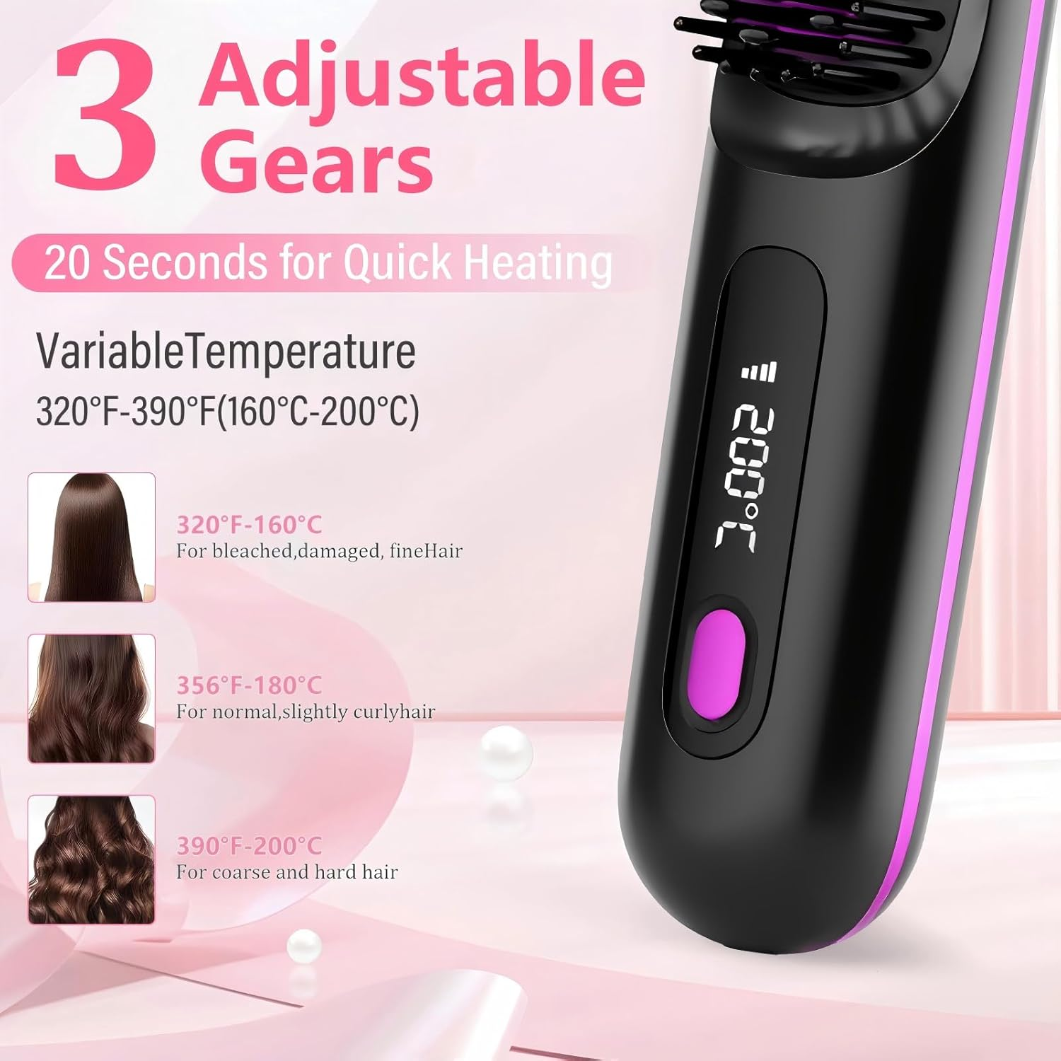Cordless Hair Straightener Brush - Portable Straightening Comb for Travel Fast Heating USB-C Rechargeable, Smoother, Lightweight On-The-Go, Gift Styling Brush for Women, Mini Hair Straightener Comb image number 2