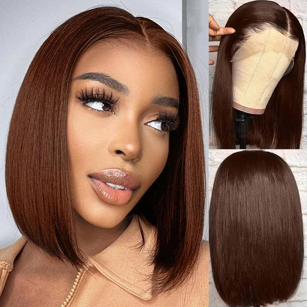 Chocolate Brown Women'S Natural Brazilian 13X4 Lace Front Wig Human Hair Straight Brazilian Virgin Natural Straight Bob Lace Front Wig 16 Inch image number 5