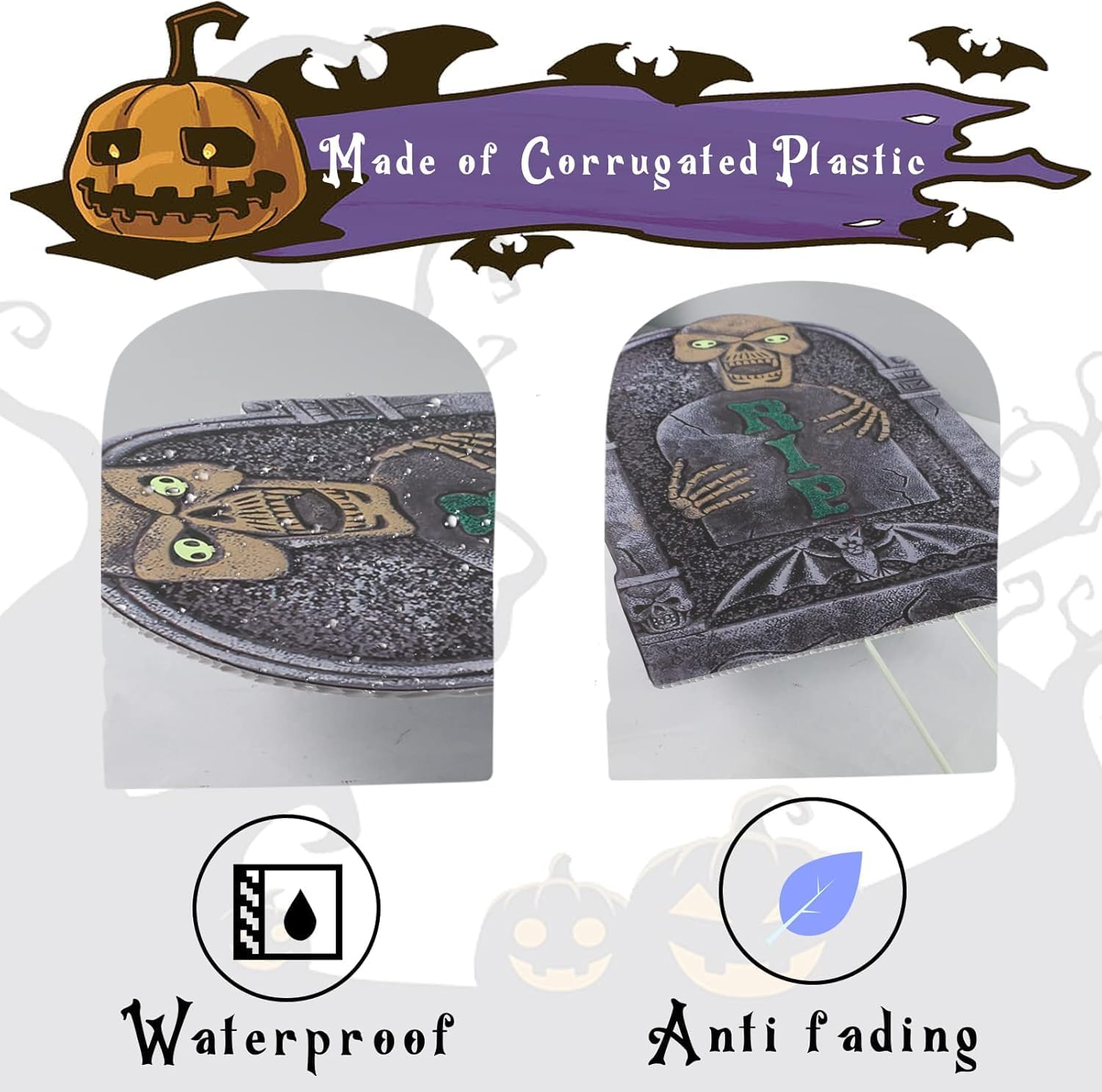 5 Pack Halloween Decorations, Halloween Tombstones Outdoor Decorations for Graves Decorations with 12 Metal Stakes Realistic Scary Skeleton RIP Gravestones, Halloween Yard Waterproof Lawn Decor image number 5