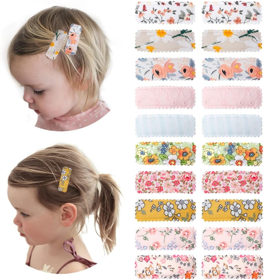 Yanwenx 20 Pcs Girl Hair Clips Floral Print Toddler Non Slip Wrapped Snap Hairpins for Kids Barrettes Accessories Baby Girls (Light Color) Pink