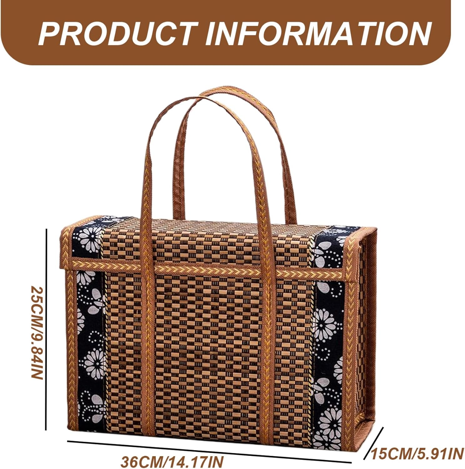 Bamboo Shopping Basket with Lid 14X6X10 Foldable Woven Picnic Bag with Floral Trim & Carry Handle image number 3
