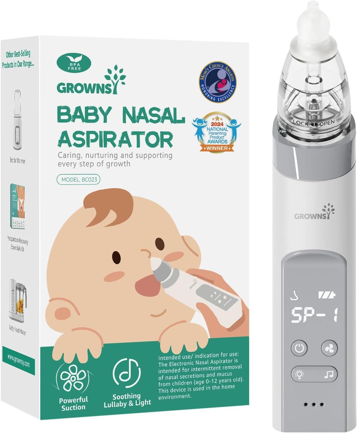 GROWNSY Nasal Aspirator for Baby, Electric Nose Aspirator for Toddler, Baby Nose Sucker, Automatic Nose Cleaner with 3 Silicone Tips, Adjustable Suction Level, Music and Light Soothing Function (Gray)