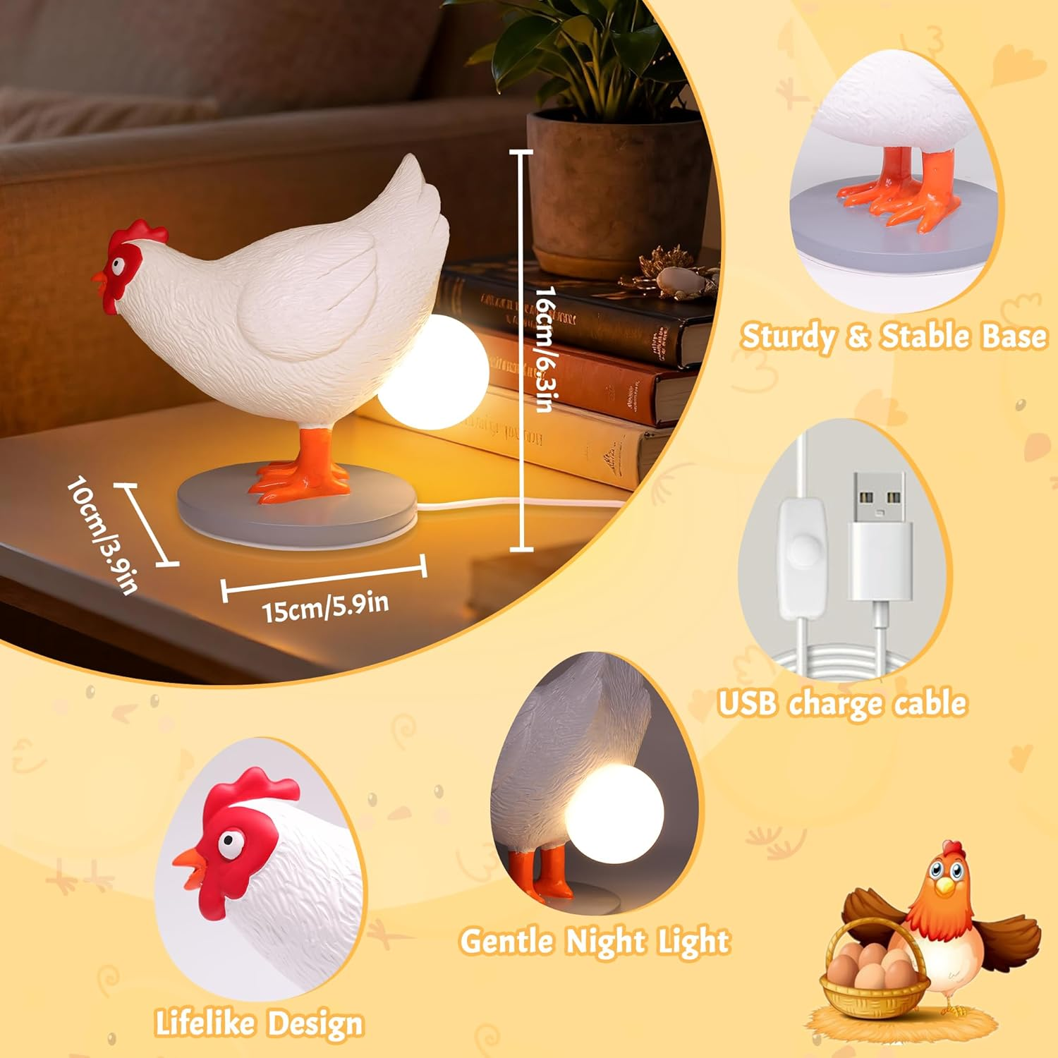 Okiyid Chicken Egg Lamp, Funny Chicken Table Lamp, LED Egg Night Light, Resin Chicken with Stepless Dimming, Decoration for Home, Bedroom, Study image number 3