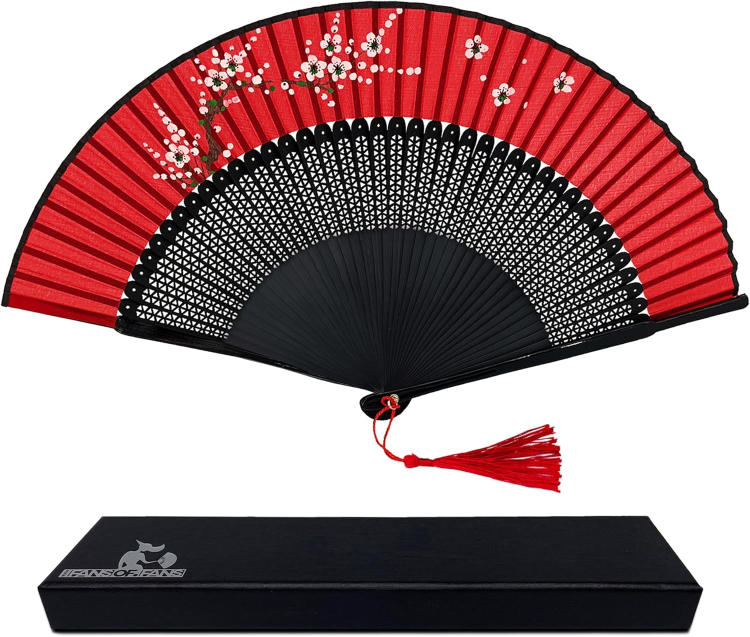 FANSOF.FANS Floral Red and Black Chinese Japanese Silk Fabric Handheld Folding Hand Fan with Pouch and Gift Box Grade a Bamboo Ribs for Women Girls Dance Event Birthday Wedding Favour Gift (Style 02)