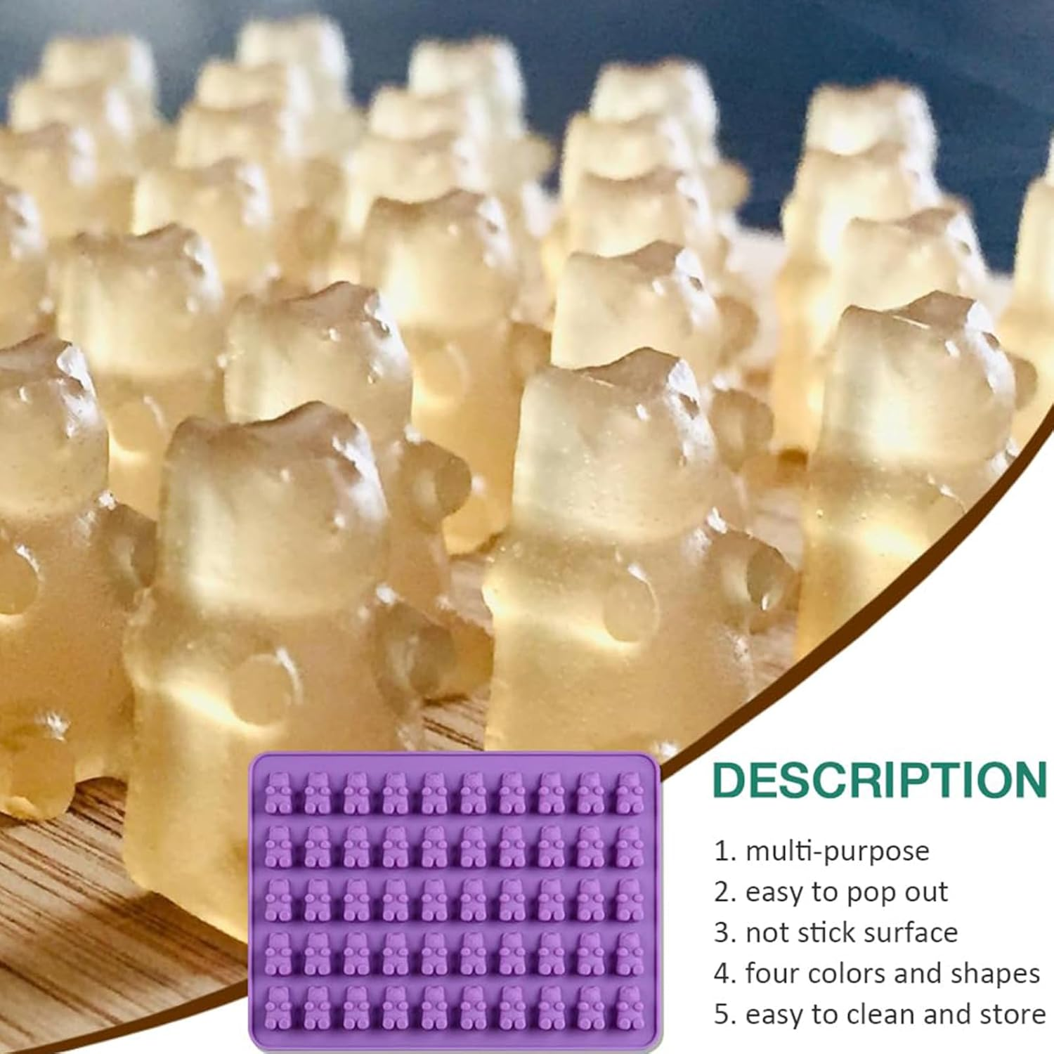 4 Pack Gummy Bear Candy Molds Silicone, Gummy Molds with 2 Droppers, Non-Stick Silicone Candy Molds Including Mini Dinosaur, Bear Shape, Hearts and Mini Donut