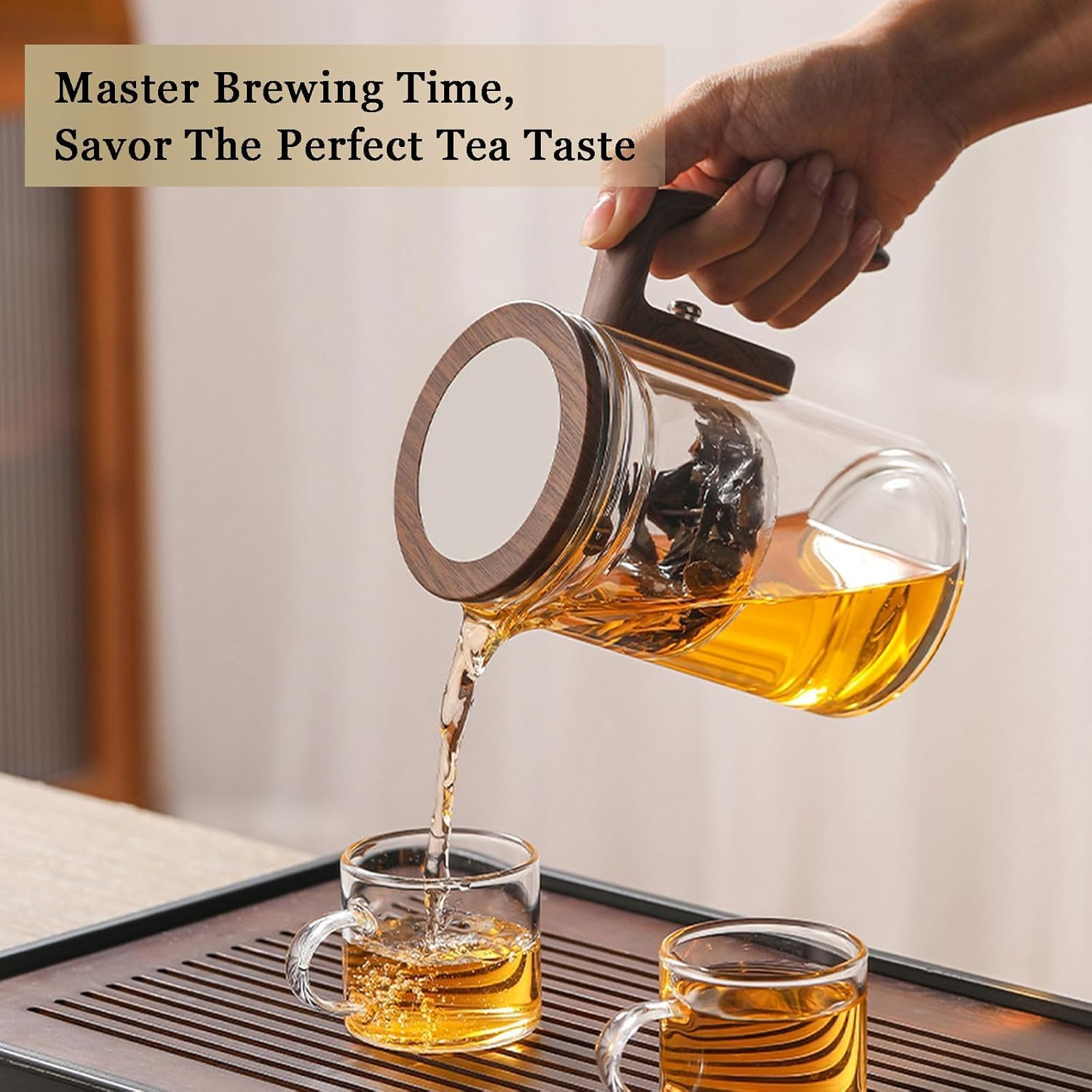 Glass Tea Pot, Magic Enchanti Tea Pot with Infuser, Loose Leaf Tea Kettle with Wooden Handle for Coffee and Tea, 800Ml image number 5
