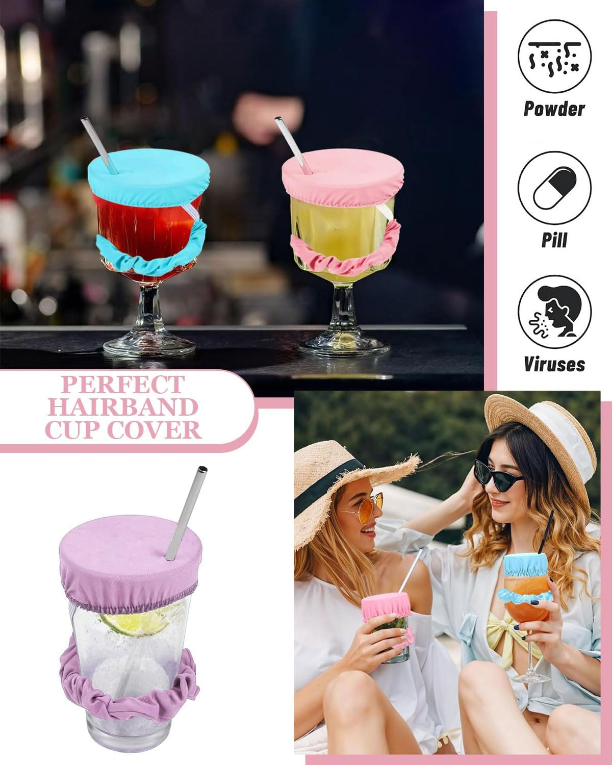 JUKOTA 4 Pieces Hair Band Drink Cover, Drop Protection Wristband, Drinking Covers for Alcohol Protection, Reusable Cup Cover with Straw Hole, Drink Spiking Prevention, Drink Protection