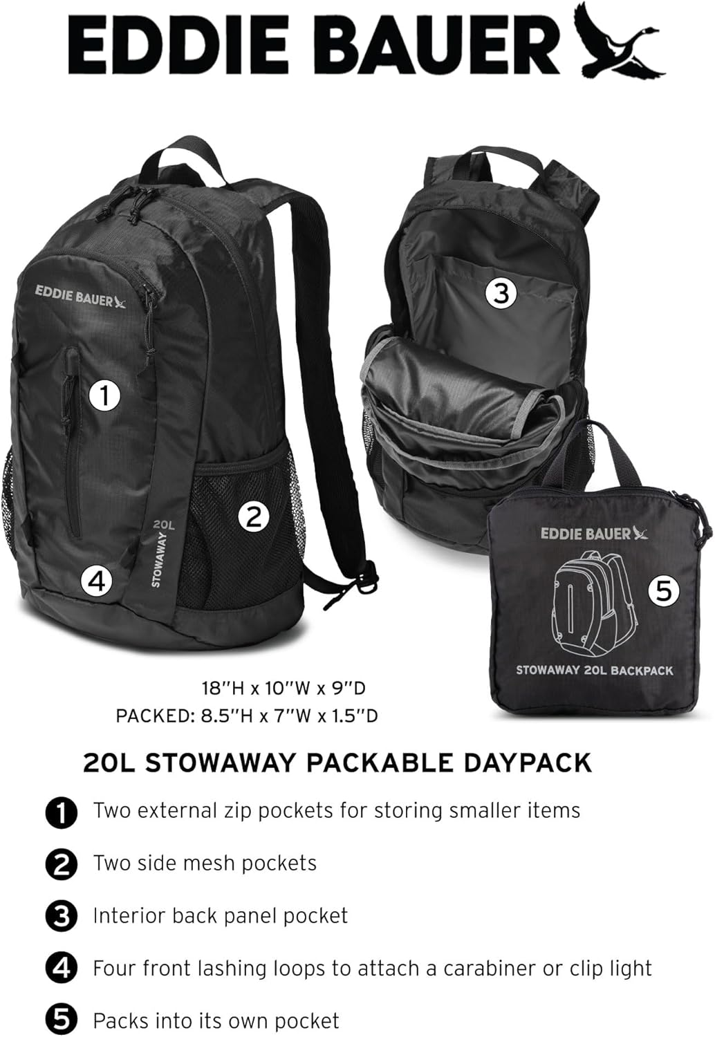 Eddie Bauer Unisex-Adult Stowaway Packable 20L Daypack image number 5