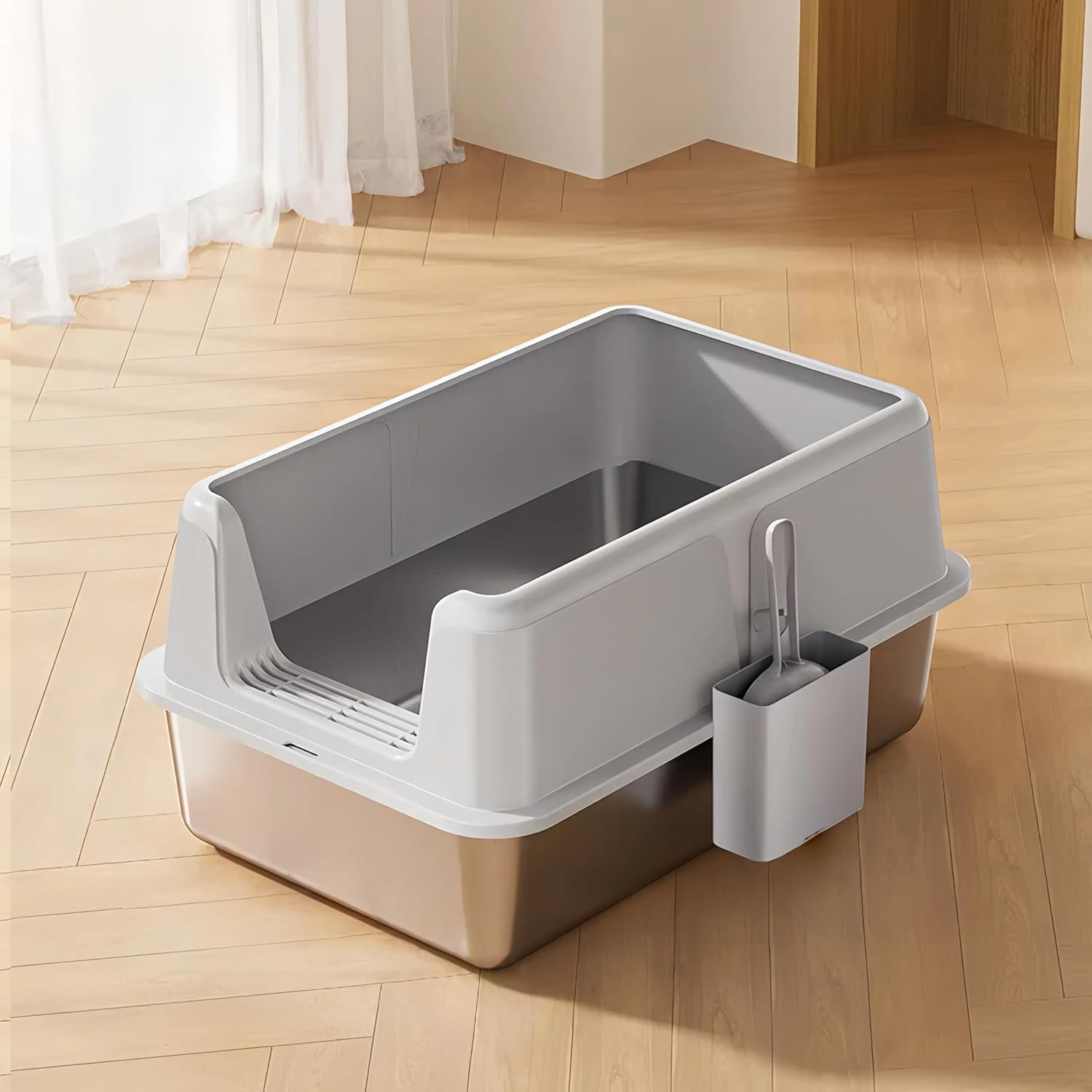 Stainless Steel Cat Litter Box with Lid, 60 * 40 * 31.5Cm Extra Large Litter Box for Big Cats, Metal Litter Pan High Sided, Anti-Urine Leakage, Easy Cleaning, Include Scoop image number 3