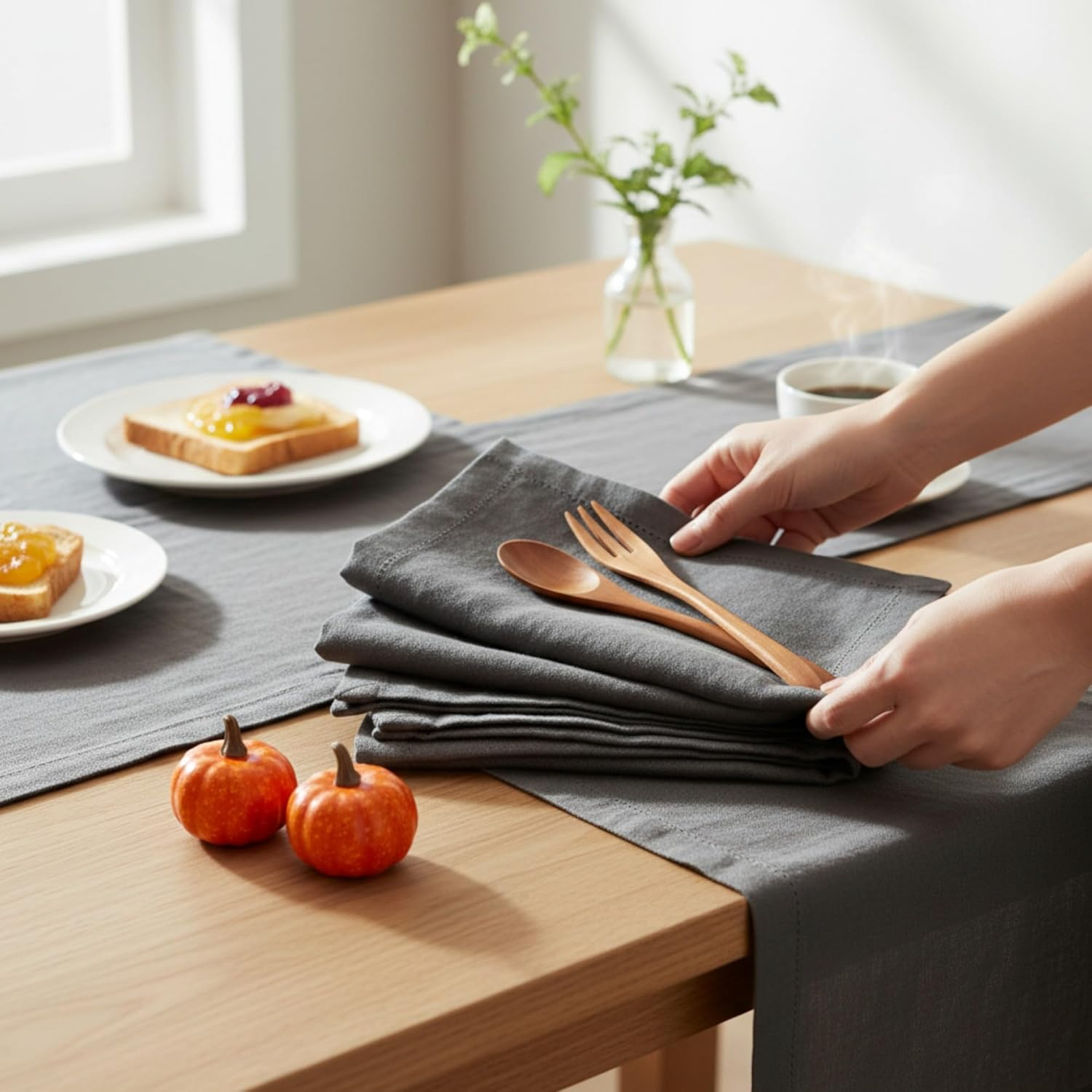 Linen Napkins &ndash;100% French Flax &ndash; Hemstitch Stonewashed Pure Linen Cloth Napkins - Size 50Cm X 50Cm &ndash; Set of 4 (Dark Grey) - Caramel image number 2