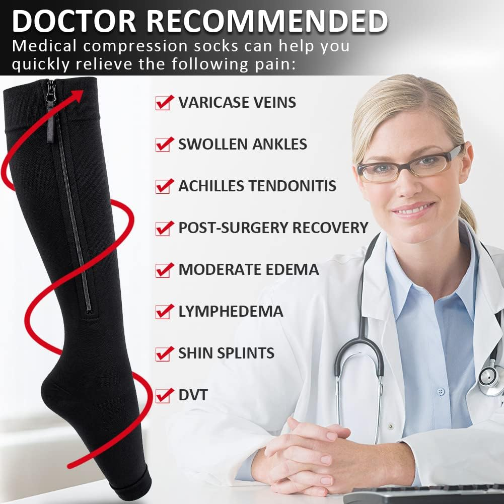Ailaka Medical Compression Socks with Zipper, Knee High 15-20 Mmhg Compression Socks for Women Men, Open Toe Support Socks for Varicose Veins, Edema, Recovery, Pregnant, Nurse