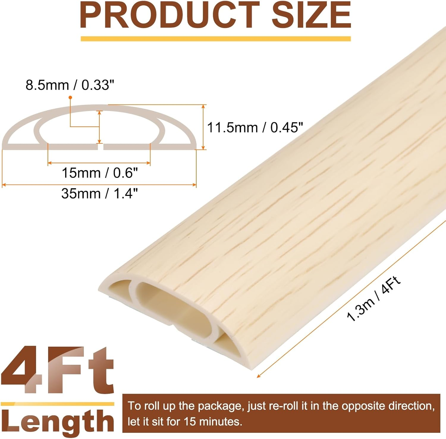 HARFINGTON 4Ft Cord Cover Floor W0.6 X H0.33 Inner Channel PVC Hide Extension Cable Floor Wire Hider Wire Covers Protector for Prevent Cable Trips Cables Management, Wood Beige image number 4