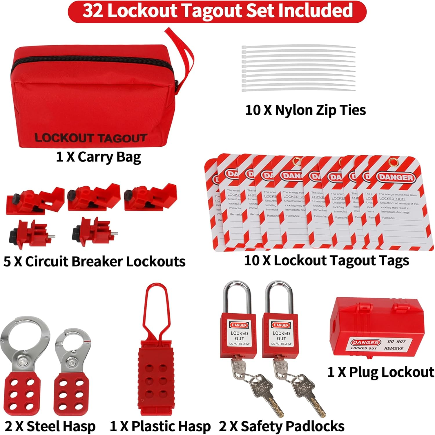 BEELUCK Electrical Lockout Tagout Kit, Includes Loto Padlocks, Plastic Hasp, Steel Hasp, Circuit Breaker Lockouts, Plug Lockout, Lockout Tagout Tags, Nylon Zip Ties and Carry Bag image number 5