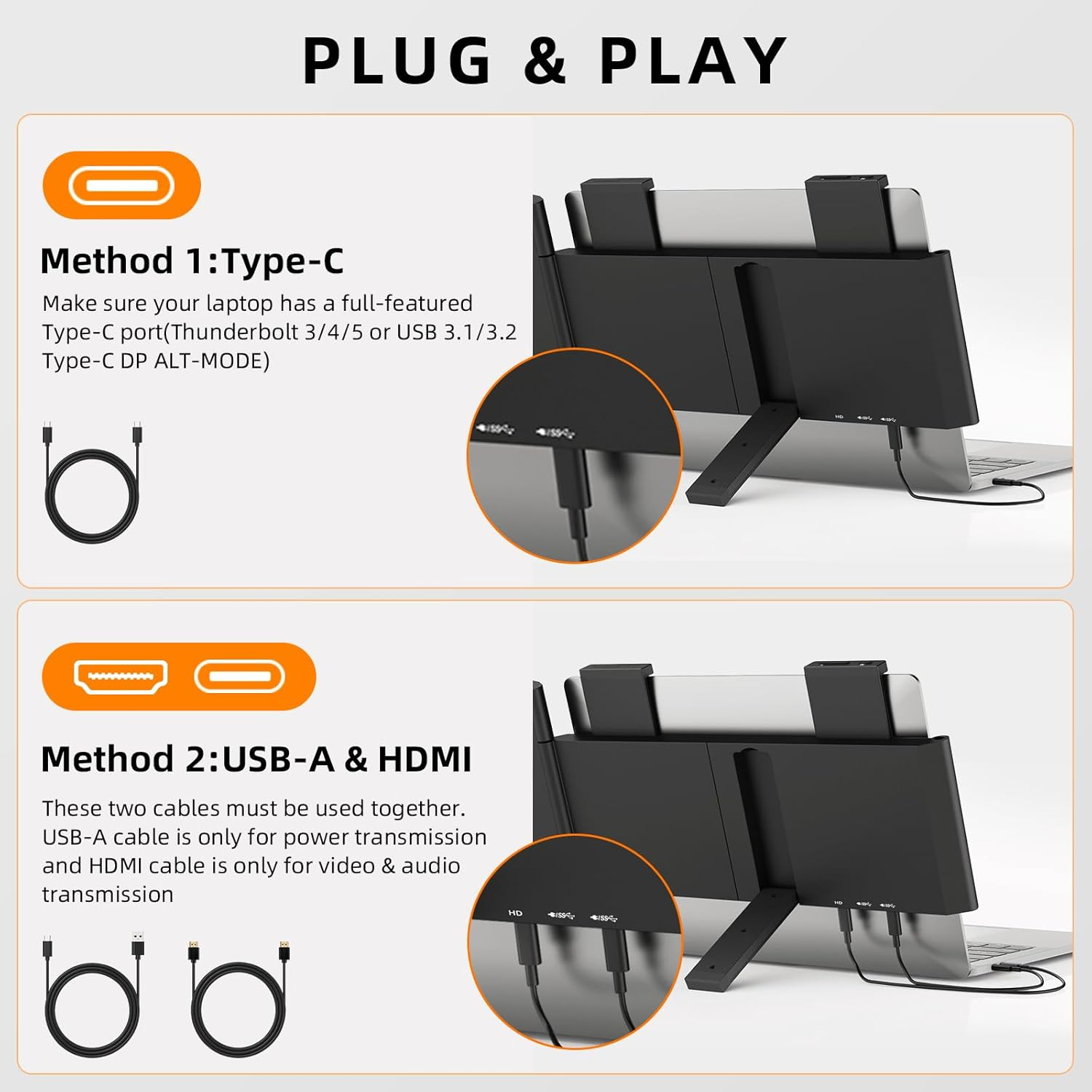 Magicraven Laptop Screen Extender, 14" 1080P Dual Screen, 250&deg; Rotation Portable Monitor for Laptop, Travel Display for 14-17'' Laptop with USB-C/HDMI Port, Plug & Play for Windows/Mac