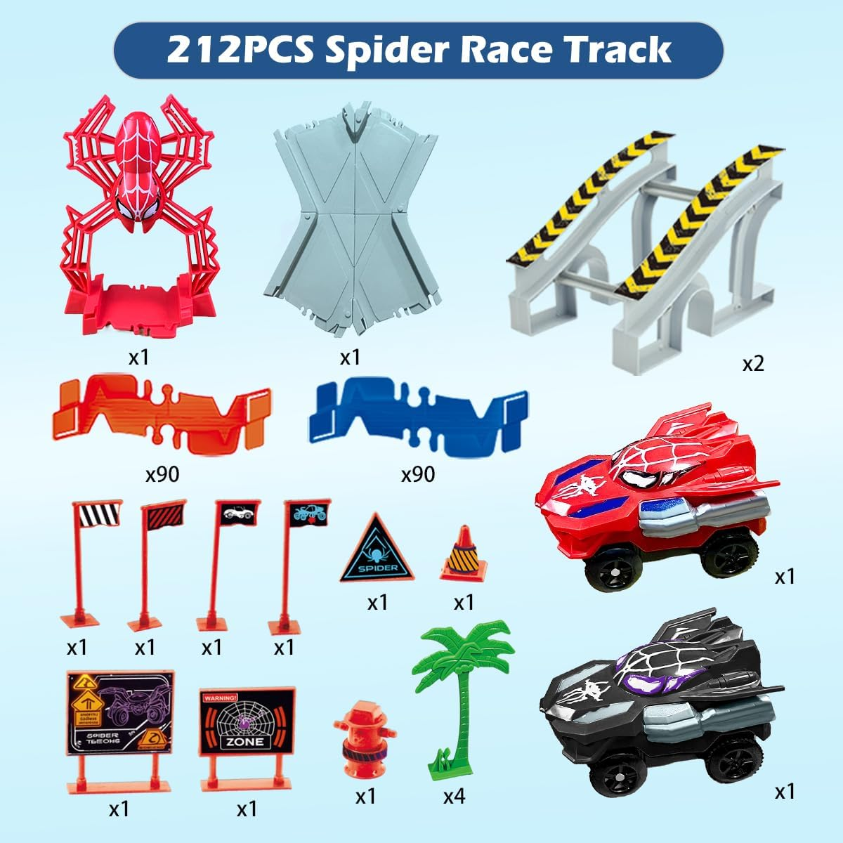 Kaekid Spider Race Track for Kids Age 3-8, 212PCS Race Car Track with 2 Spider Cars, DIY Flexible Track Playset, Toddler Toys Birthday Gifts for Kids image number 2