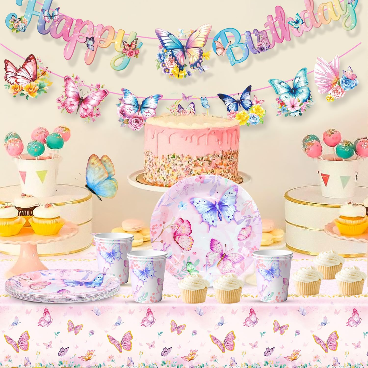 Butterfly Birthday Party Supplies, Butterfly Plates and Napkins Party Supplies - Plates Napkins Cups Tablecloth & Birthday Decorations Banner for Theme Decor image number 6