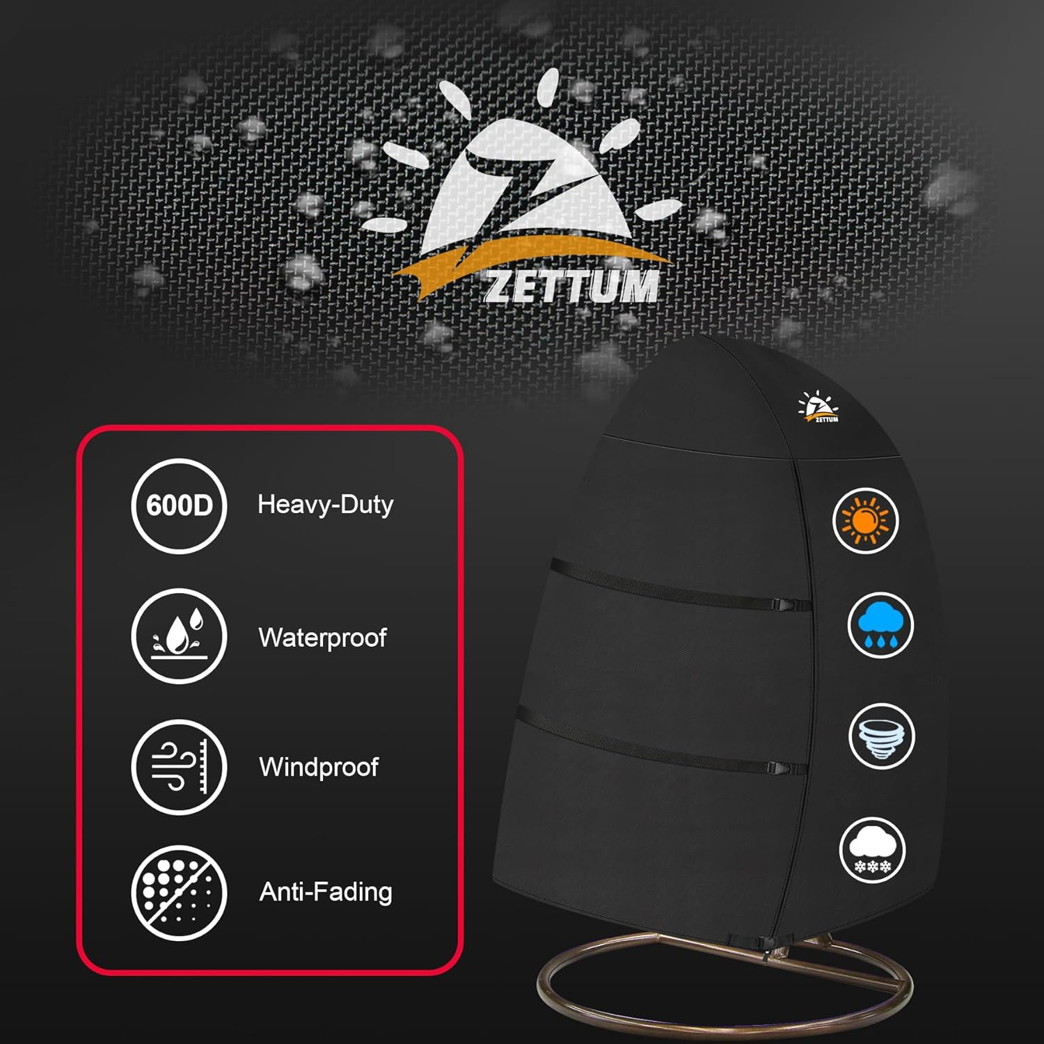 Zettum Egg Chair Cover, Double Seat Hanging Egg Chair Cover, Waterproof Outdoor Hanging Chair Cover, 600D Heavy Duty Cover for Patio Wicker Swing Egg Chair, 66 X 43 X 68 Inch image number 5