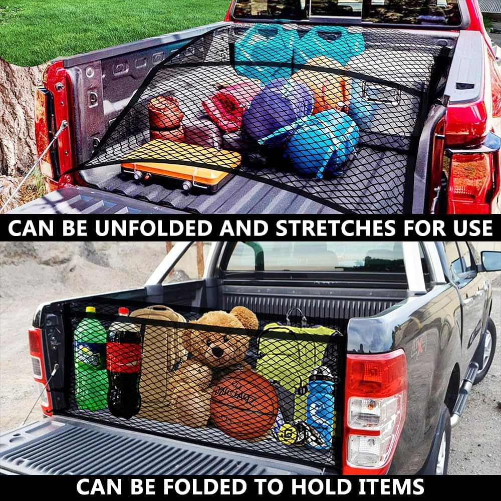 Cargo Net for Pickup Truck Bed, Truck Bed Net, Highly Elastic Cargo Nets, Stretchable Mesh Organizer for Pickup Trunk Beds, Truck Cargo Nets with 6 Pcs Metal Carabiner and 6 Hook image number 3