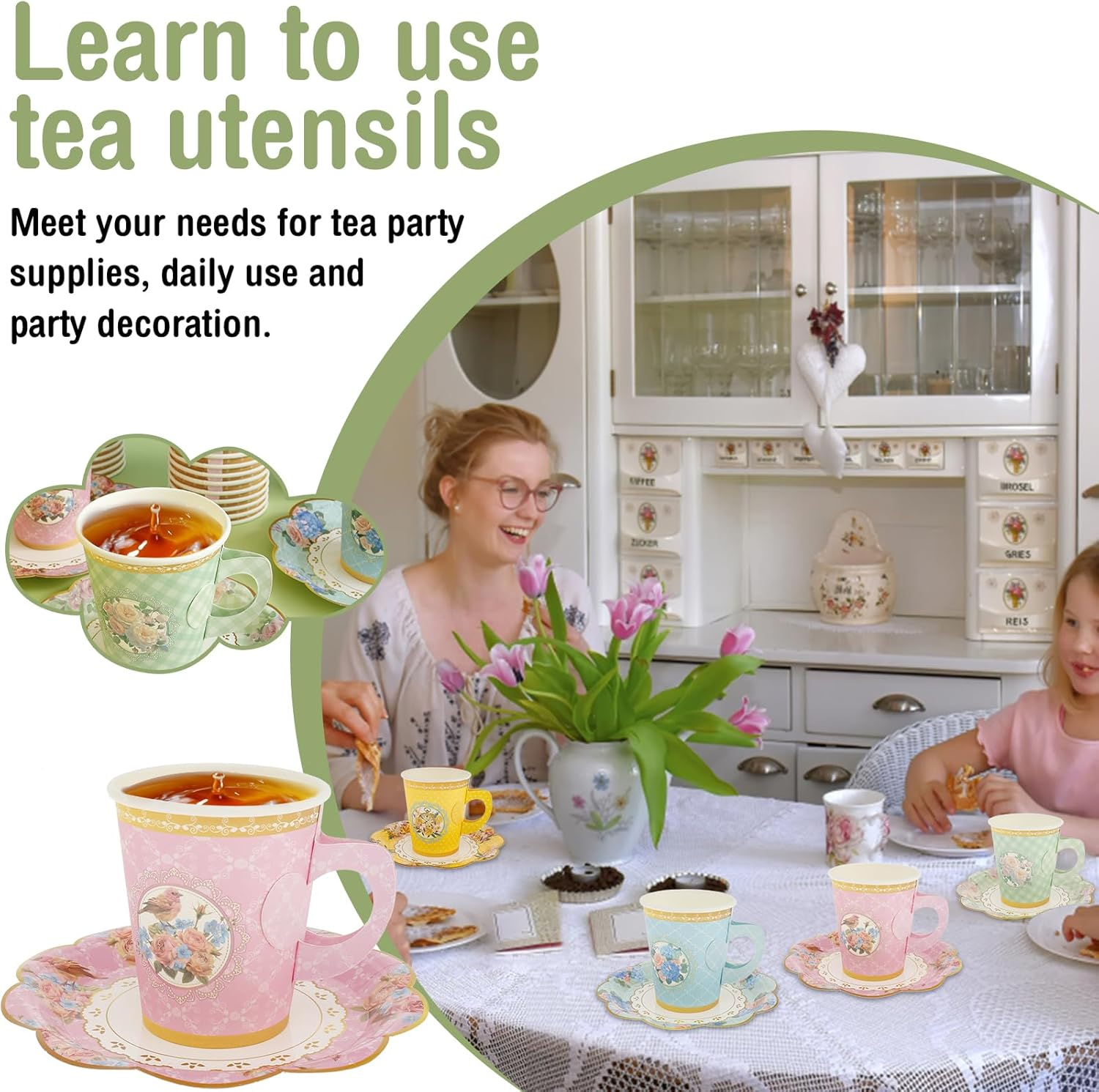 64 Sets Tea Party Supplies,Floral Paper Tea Cups and Saucers,Colorful Flower Teacups,Floral Tea Cups with Handle for Hot Cold Beverage Birthday Wedding image number 2