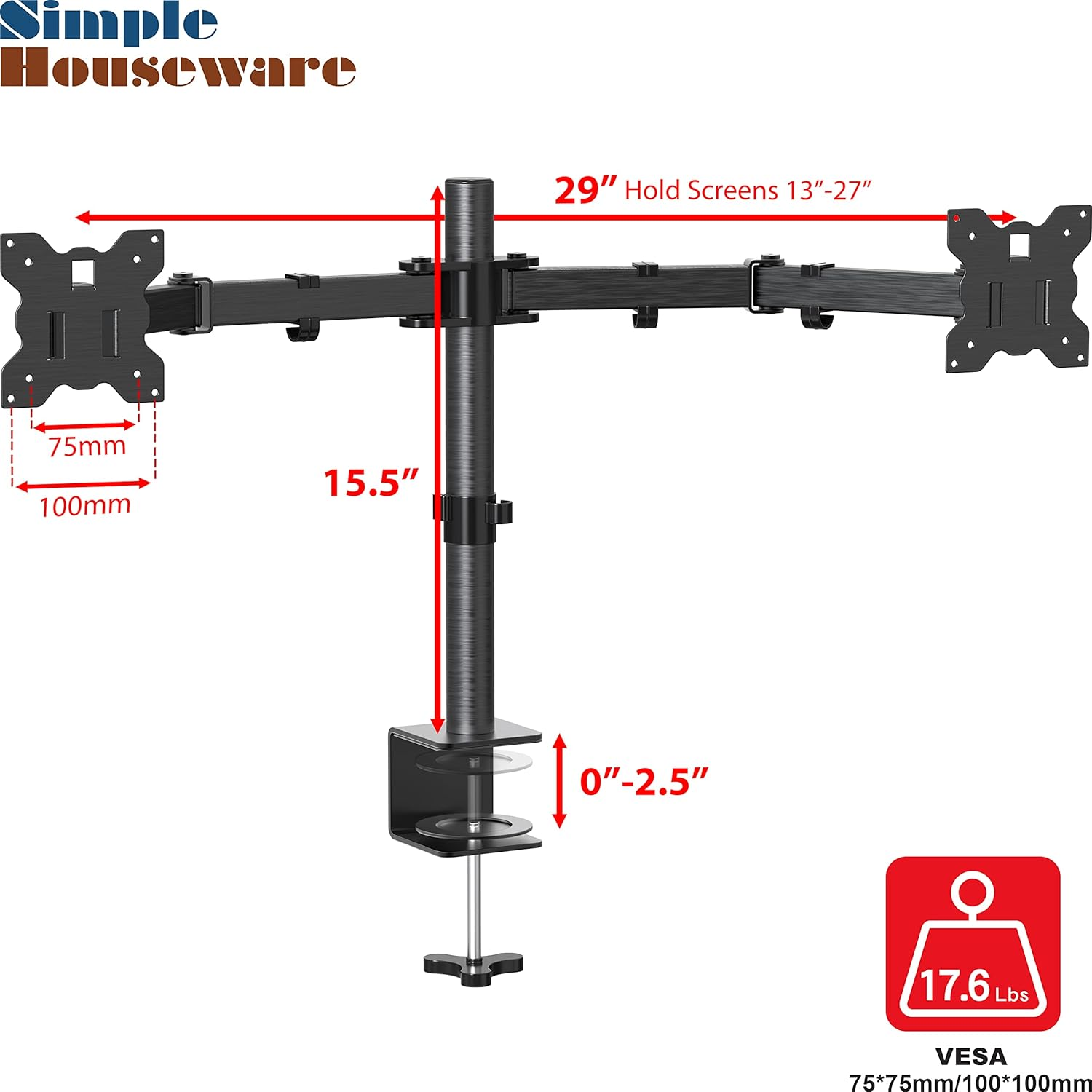 SHW Dual Monitor Arm Desk Mount with C-Clamp for 13 to 27'' Screen, VESA 75X75Mm or 100X100Mm, Black image number 3