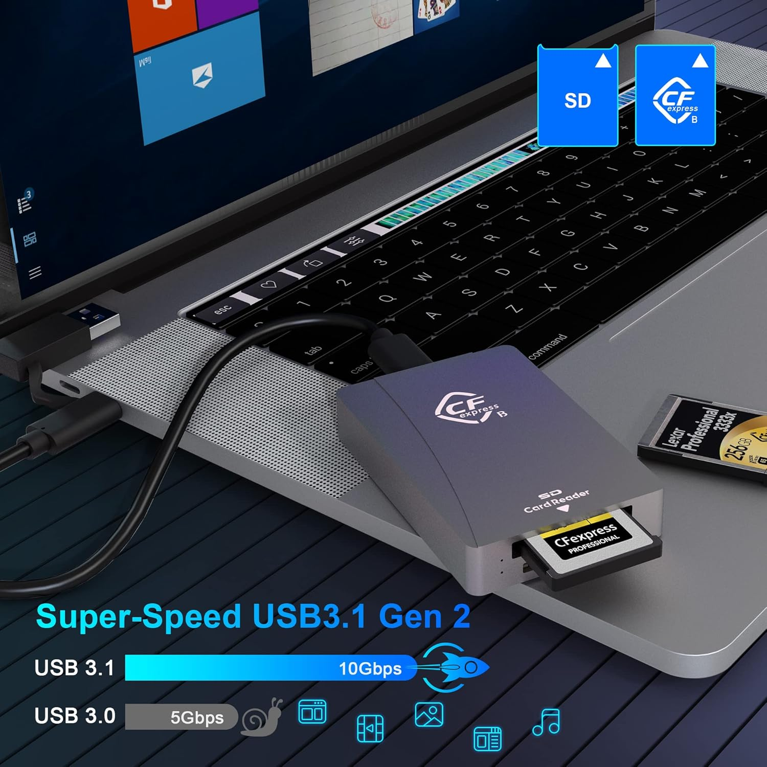 Cfexpress Type B Card Reader, USB 3.2 Gen 2 10Gpbs, Compatible with Cfexpress Type B Card/Sd Memory Card, Dual-Slot Portable Aluminum Cfexpress Card Adapter Support Windows/Android/Mac Os/Linux - Cr327 image number 3