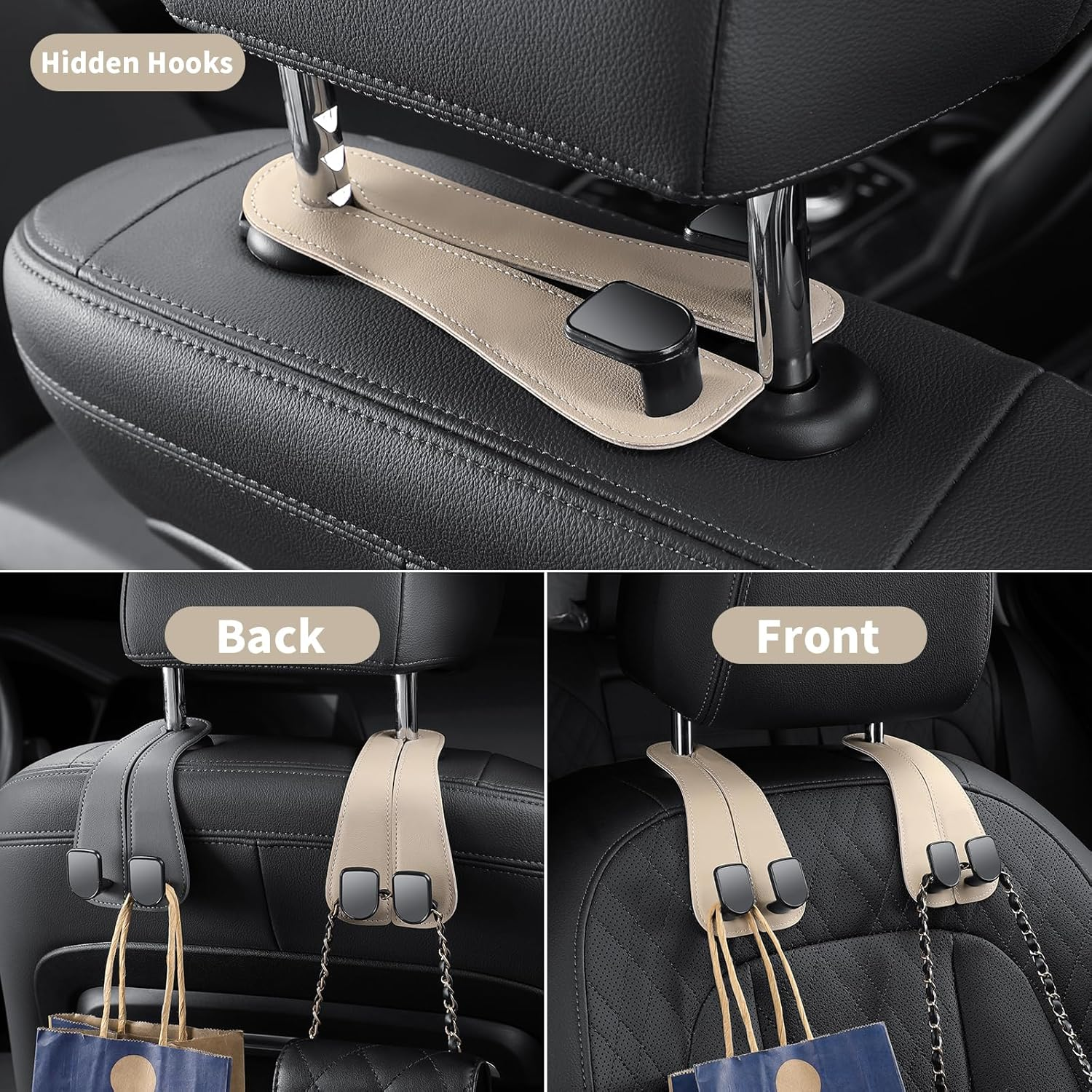 2 Pack KAFANLIN Car Headrest Hooks for Purses and Bags Cute Leather Car Seat Back Head Rest Double Hooks for Bags Cute Pink Beige Car Accessories Headrest Back Seat Handbags Hook (Black 2 Pack) - Kafanlin Gray 2 Pack image number 6