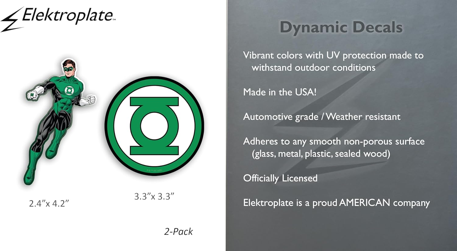 Elektroplate Officially Licensed DC Comics Green Lantern and Symbol Dynamic Decals | Premium Auto-Grade Weatherproof Vinyl Stickers for Car, Water Bottle, Phone & More| Made in the USA | Set of 2 image number 2