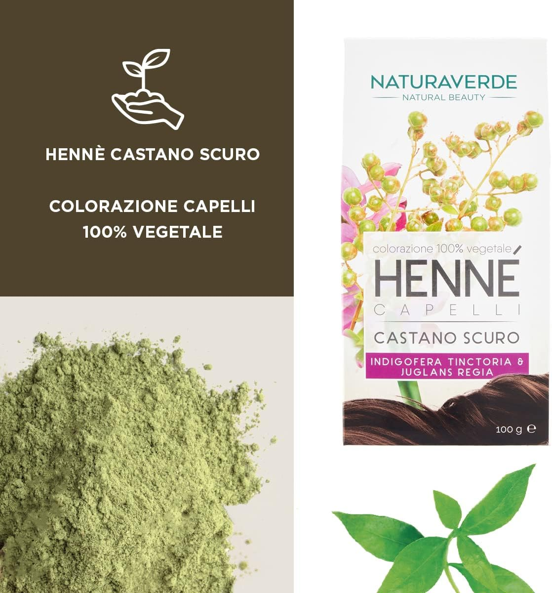 Naturaverde Henn&eacute; - Dark Brown, Hair Colour, Hair Colour, No Ammonia, Hair Colour, 100% Vegetable Professional Hair Colour, 100 G