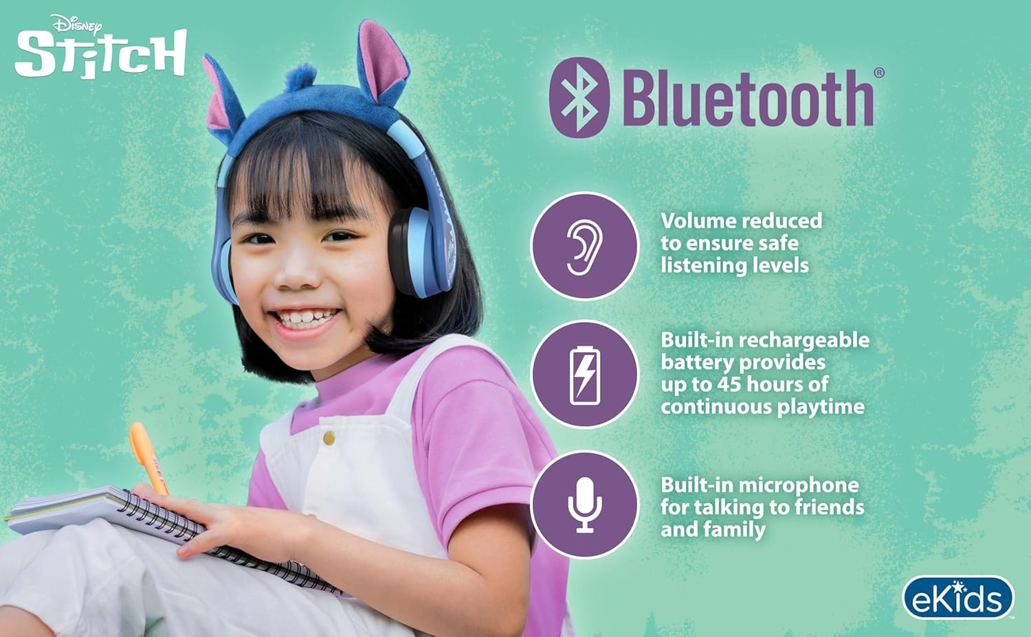 Ekids Disney Stitch Bluetooth Headphones Wireless Headphones with Mic Included Aux Cable - Foldable Headphones for Children for School, Home or Travel image number 2