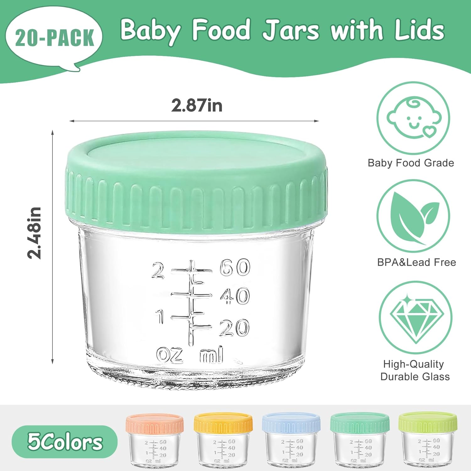 20 Pack Glass Baby Food Storage Containers，Labels，4 Oz Safe Baby Food Storage Jars with Lidsfor Jams,Fruits Salad,Jellies,Spices,Nuts,Handmade Dessertsmicrowave & Dishwasher Safe, BPA Free Reusable image number 1