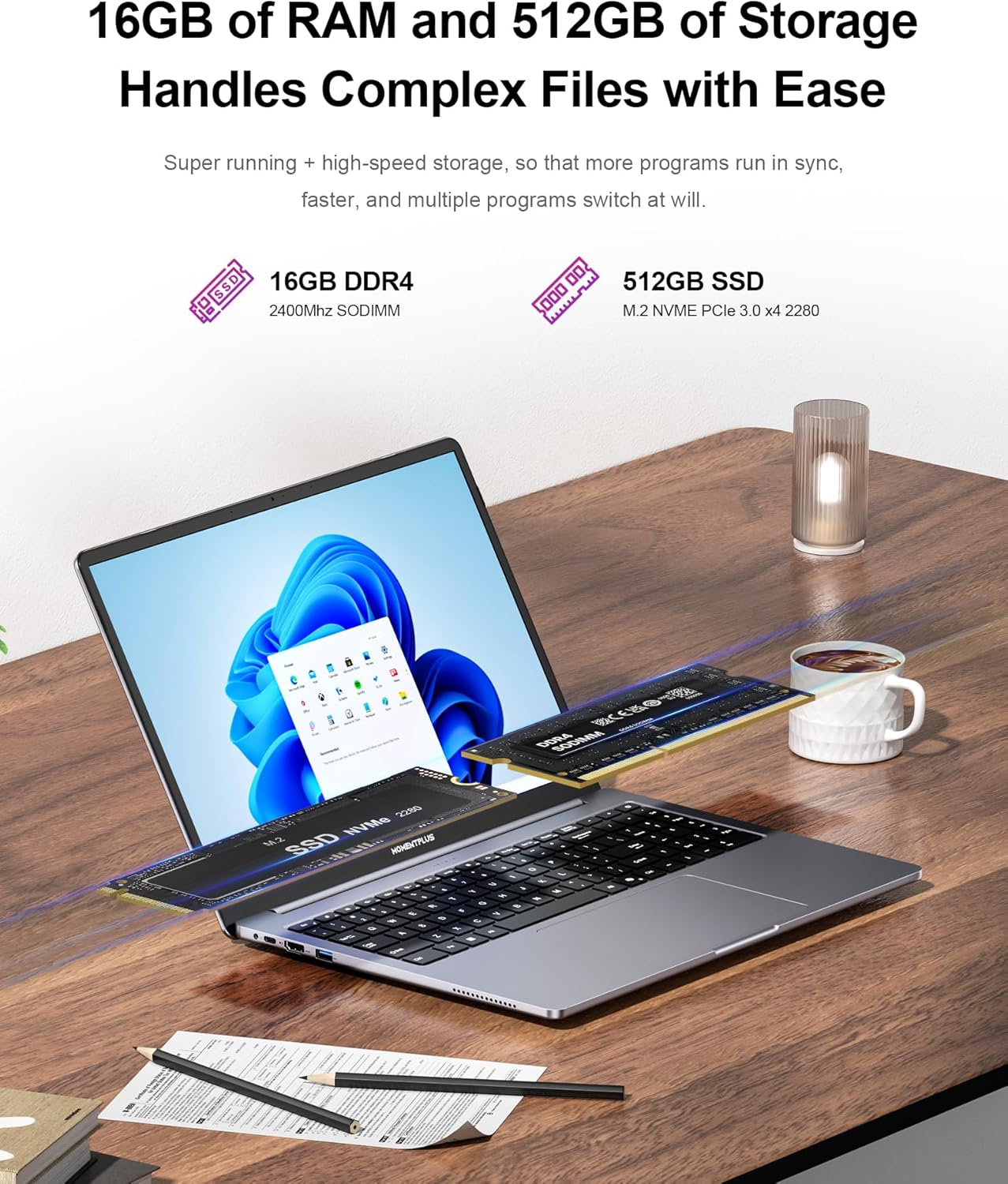 Laptop 16.0 Inch - AMD Ryzen 5 3550H (4 Cores 8 Threads up to 3.7 Ghz), 16GB RAM, 512GB SSD, Laptops LCD Display 1920 &times; 1200 | Powerful & Lightweight | Study, Office & Everyday Use image number 4