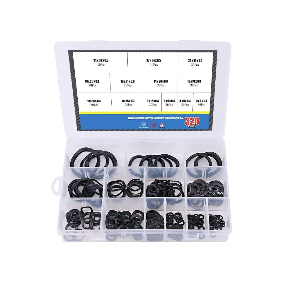 Washers Assorted, 320Pcs Carbon Steel Wavy Wave Crinkle Spring Washers, Compression Type Wavy Wave Crinkle Spring Washers Assortment Kit image number 3