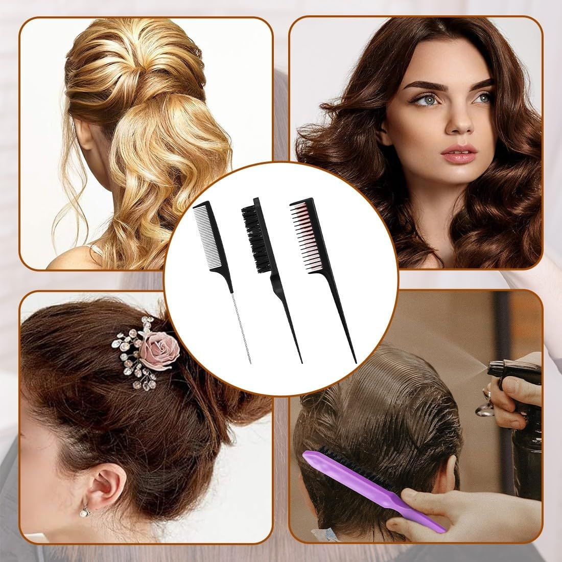 Sleek Bun Brush Set, and Rat Tail Comb, Bristles Haircut Hair Comb, Edges Brush, for Braid and Hair, Brush for Sleek Braid for Hairdresser Women Children image number 3