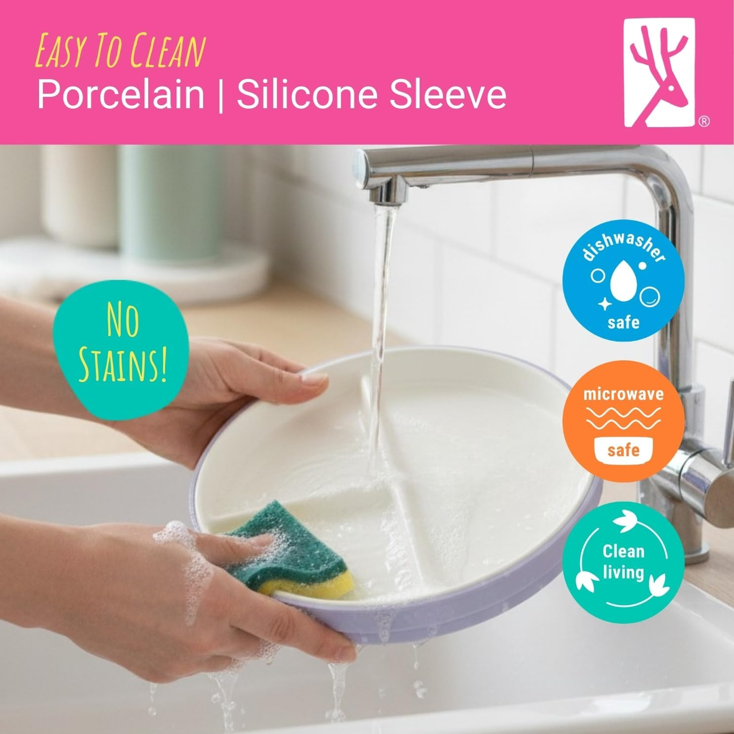 Elk and Friends Kids 6.7&rdquo; Porcelain White Divided Plates with Silicone Suction Sleeves | Suitable for Babies/Toddlers | Microwave & Dishwasher Safe | Stay Put Dinnerware | Snack Dishes | 2 Pack image number 1