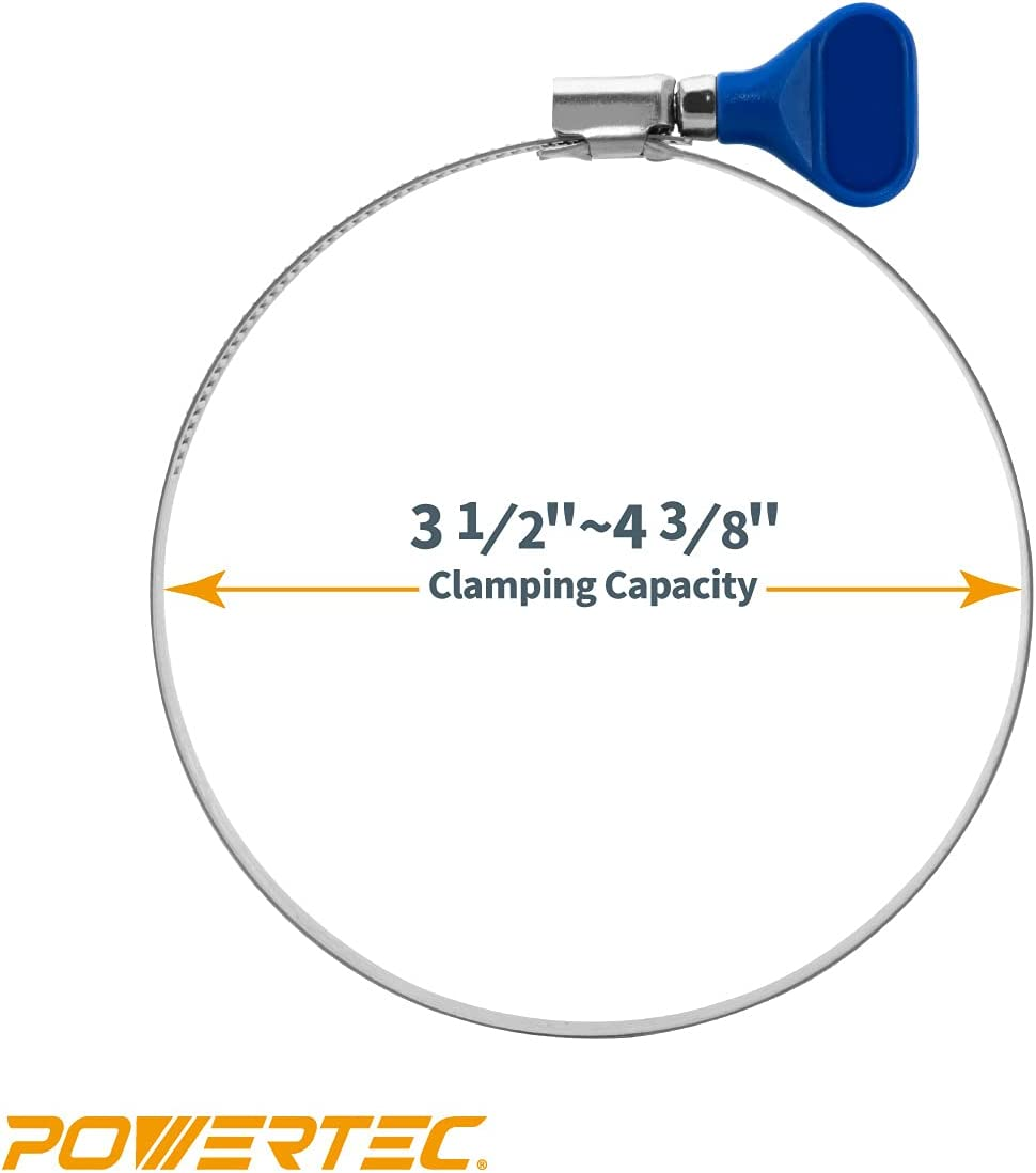 POWERTEC 70120 4 Inch Key Hose Clamp, Thumb Screw Key Adjustable Stainless Steel Hose Clamps for Dust Collection, Dust Collector and Dryer Vent Hose, Pipe Clamp, RV Clamp, Worm Gear Clamp, 5 Pack