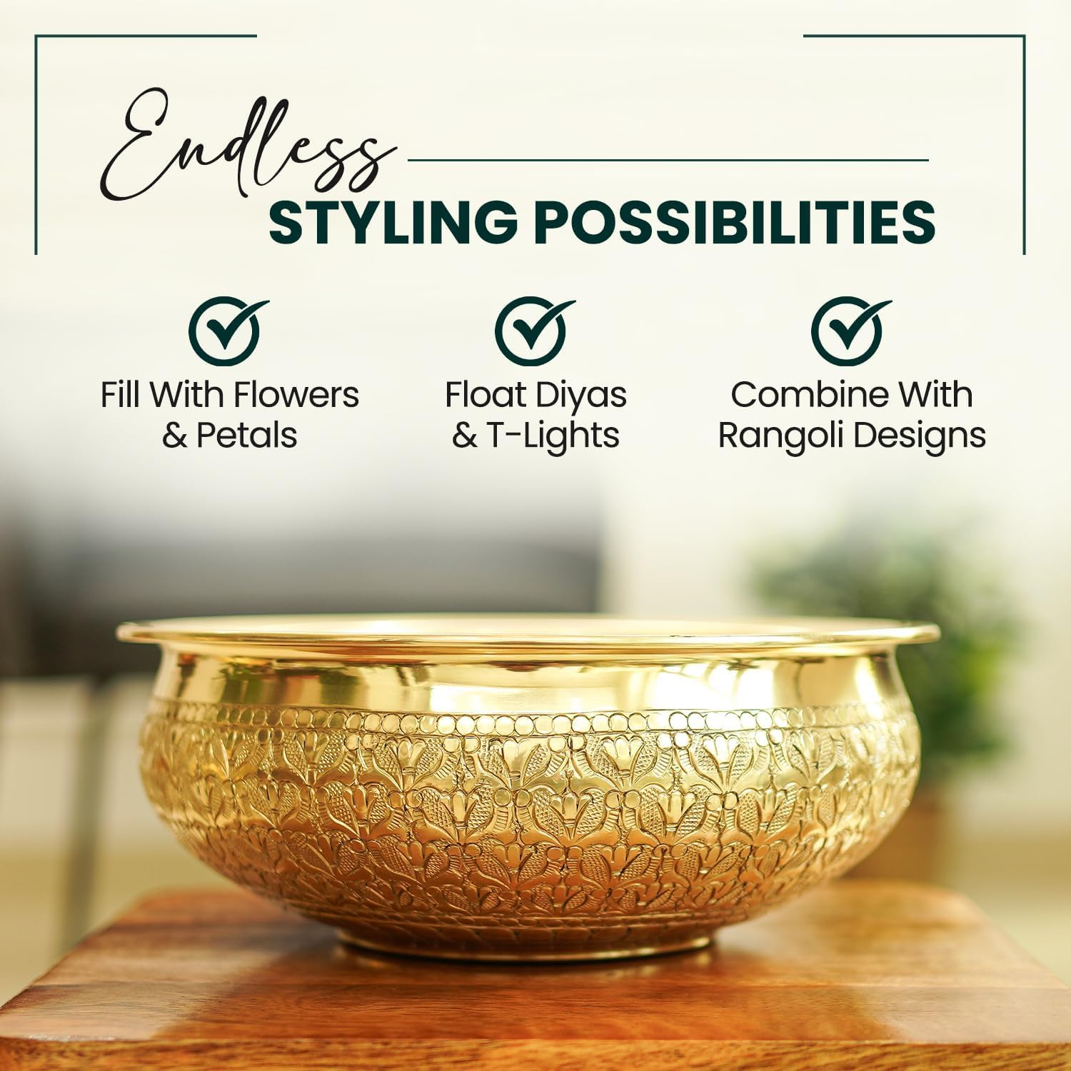 Indian Impressions | Modini Embossed Urli Gold | Handcrafted Aluminium Decorative Aluminiumtray | Home D&eacute;cor, Festive Decoration, and Gifting | Ideal for Home and Office image number 6