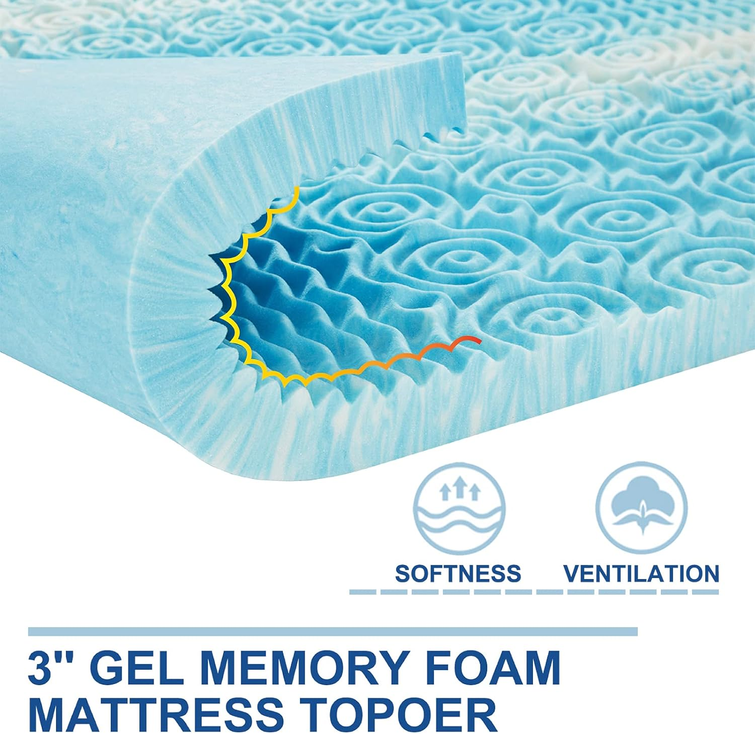 SINWEEK 3 Inch Mattress Topper 5-Zone Memory Foam Mattress Topper Pressure Relieve Soft Mattress Pad, Certipur-Us Certified, Queen Size Blue