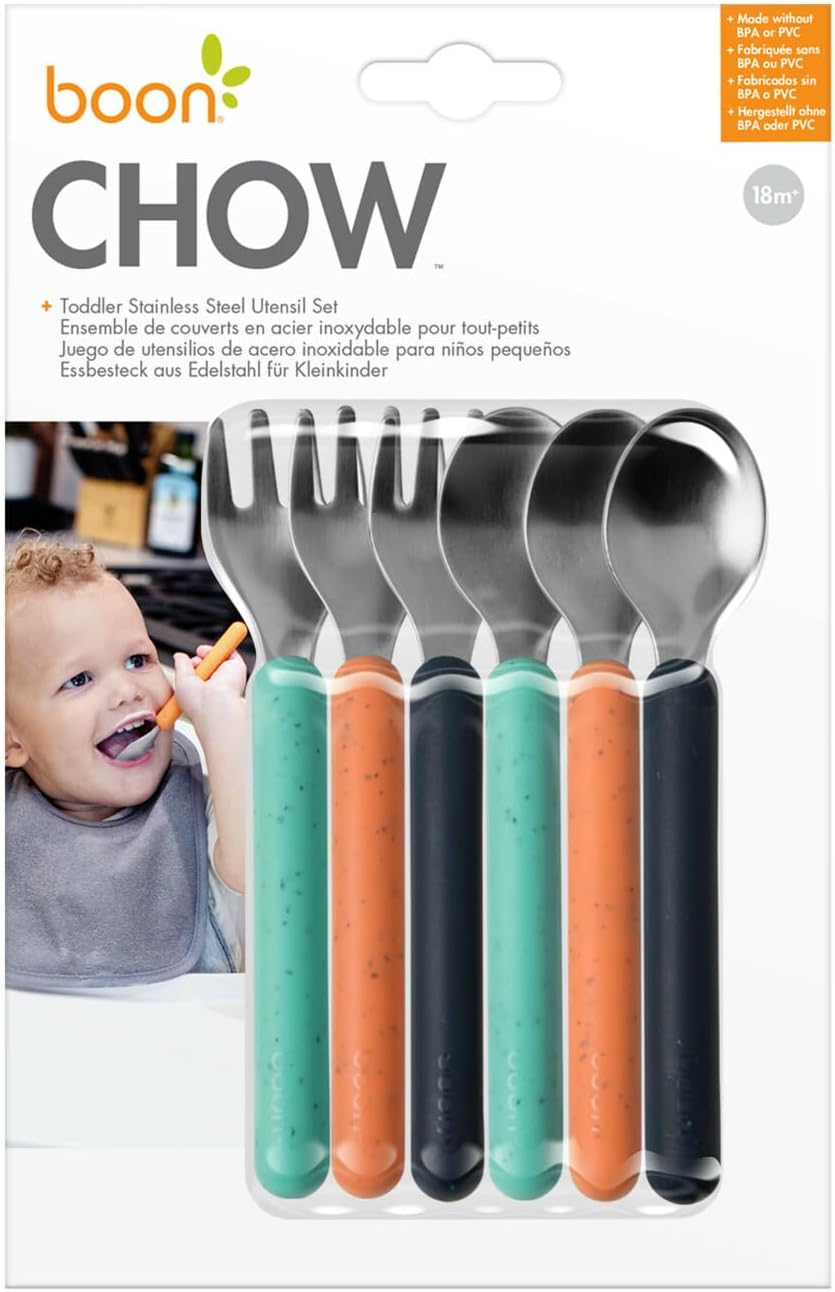 Boon Chow&trade; Toddler Stainless Steel Utensils Spoon and Fork 6-Piece Set, Mint/Orange